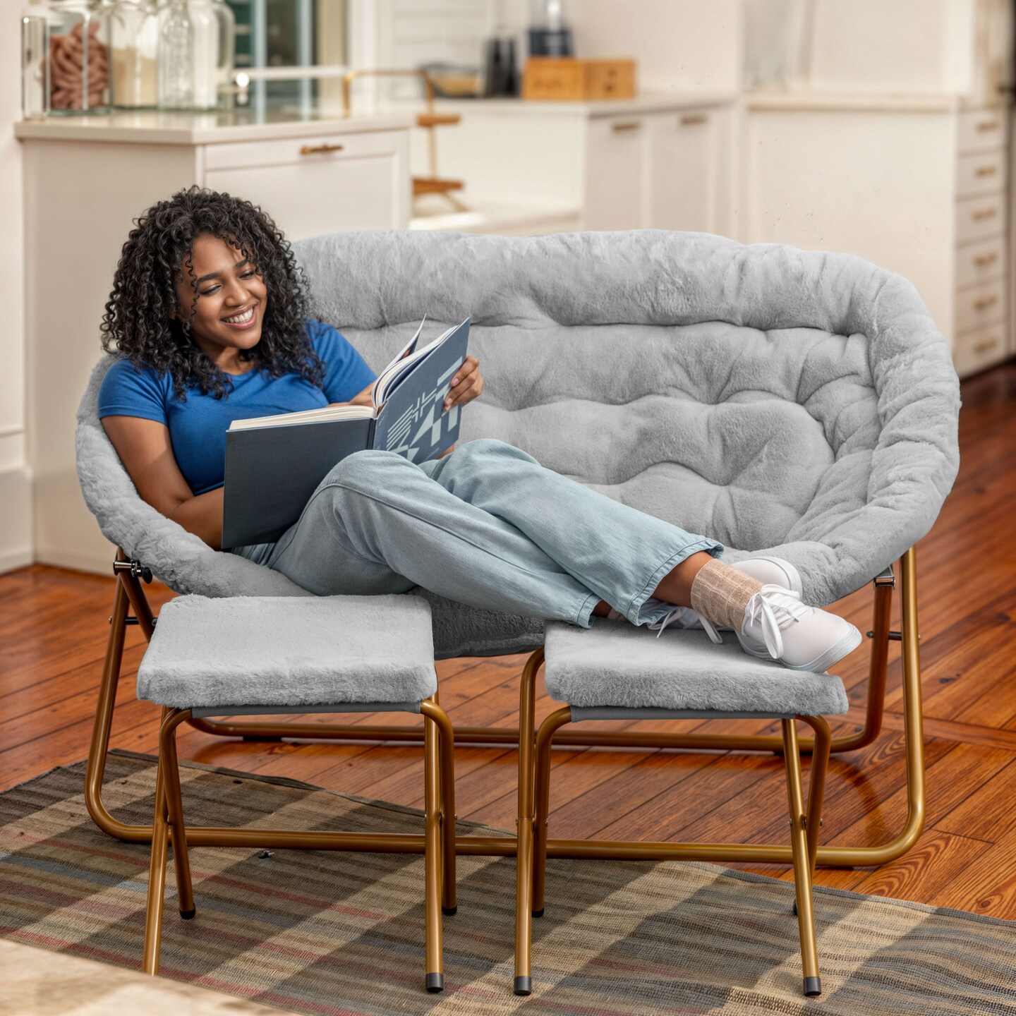 Emma and Oliver Janey Folding Double Saucer Chair with 2 Ottomans and Steel Frame for Dorm or Bedroom