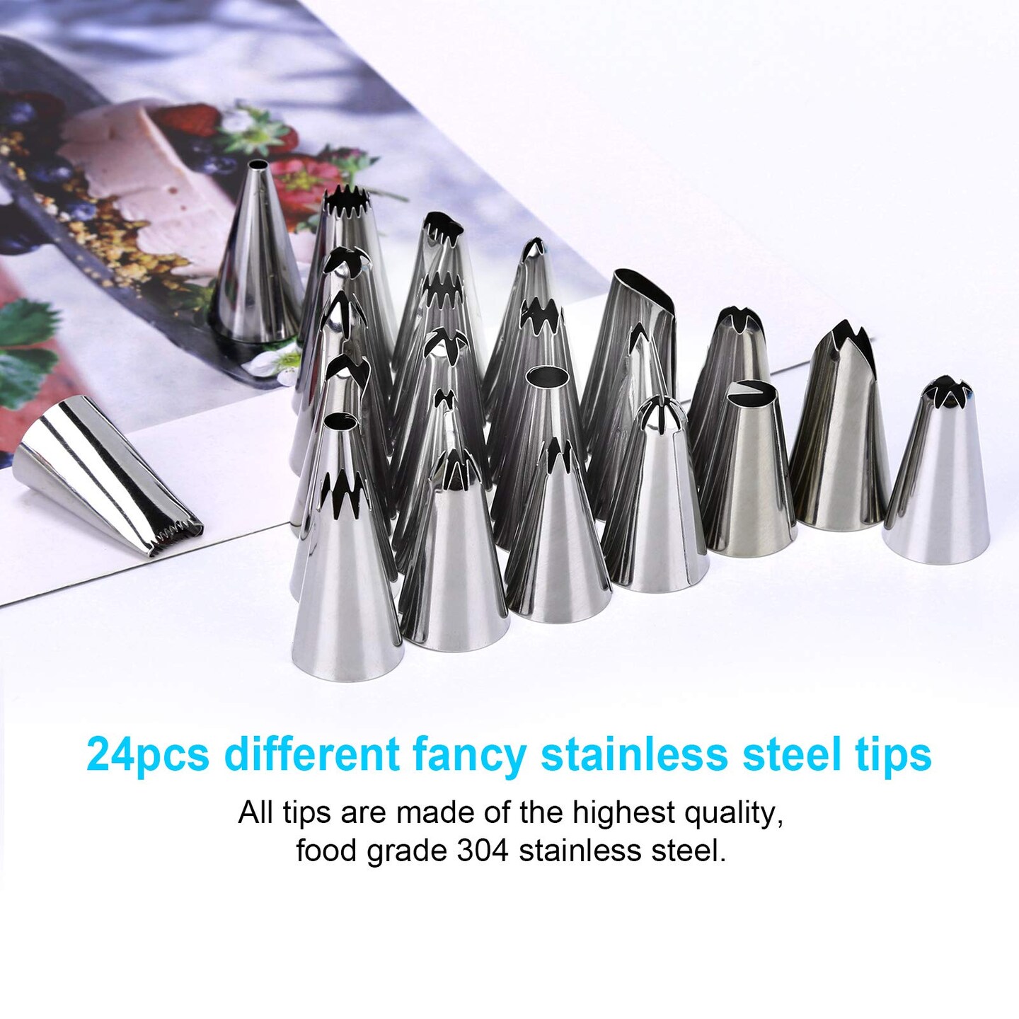 34 Pieces Piping Bags and Tips Set, Bake Cake Decorating Kit with 24 Stainless Steel Tips, 2 Reusable Silicone Pastry Bags, 3 Icing Smoother, 2 Couplers, 2 Frosting Bags Ties and 1Pipe Brush