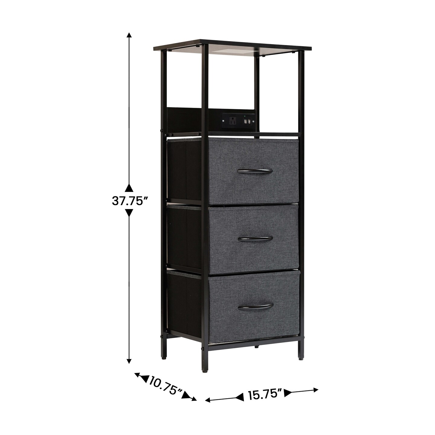 Emma and Oliver Hermes Nightstand with 3 Fabric Drawers, Charging Station with 2 USB Ports/Power Outlet, Engineered Wood Top, Wood Handles, Metal Frame