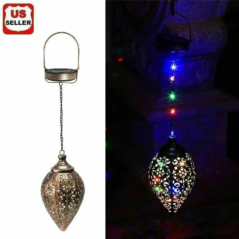 Solar Power LED Hanging Lantern Light Metal Garden Yard Decor Lamp Rechargeable