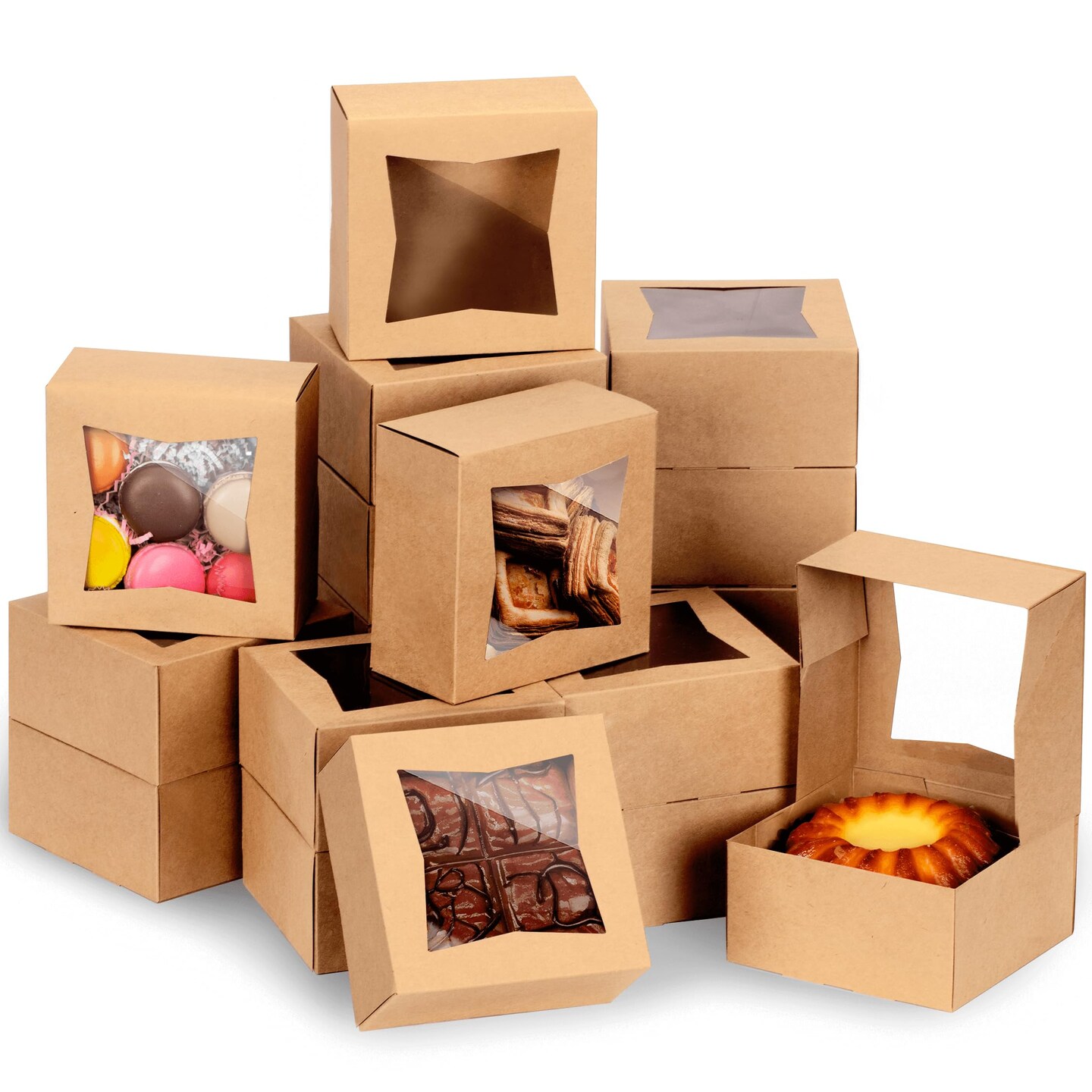 25 Pieces Bakery Boxes with Window 6x6x3 Kraft Cake Box Cardboard Bakery Packaging for Cupcake, Cookies and Pastry, Auto-Popup Treat Box Charcuterie Box for Valentine&#x27;s Day, Christmas