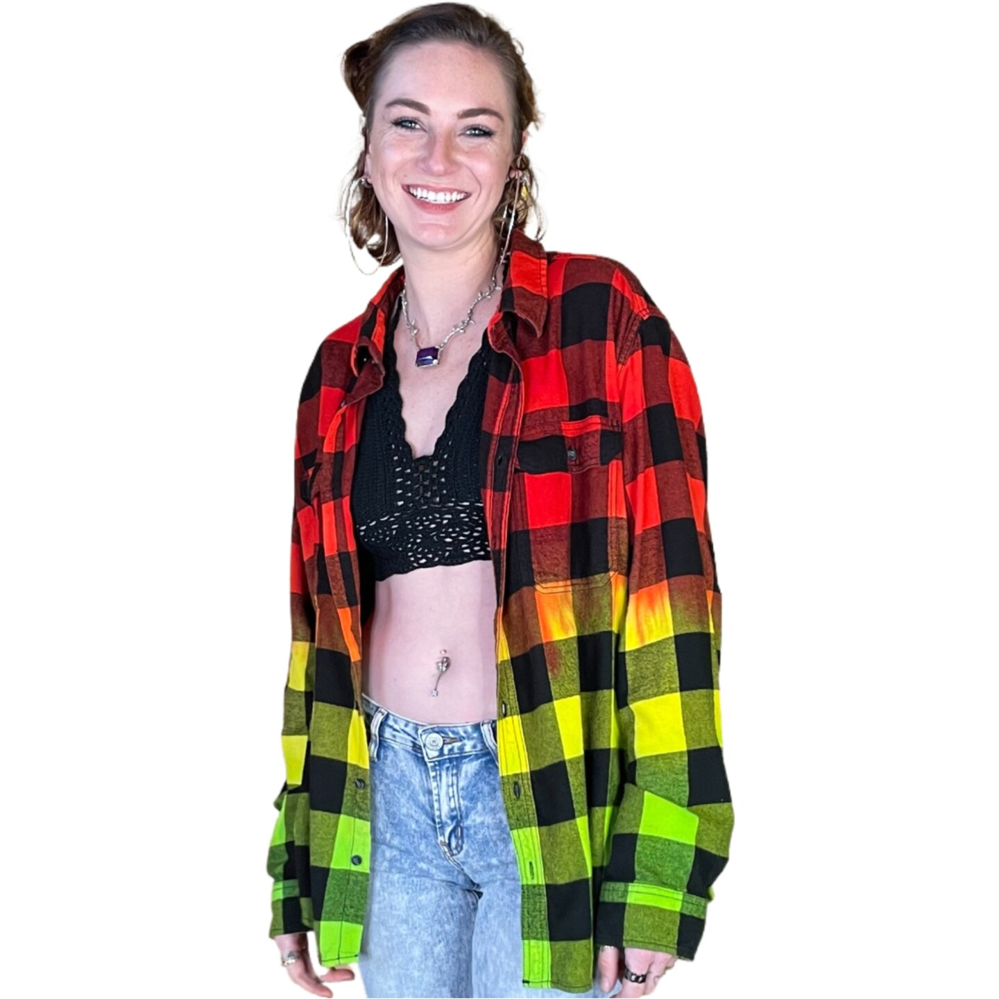 Rasta Tie Dye Flannel - Women's Red Yellow Green Oversized Reggae Buffalo Plaid Shirt product 5