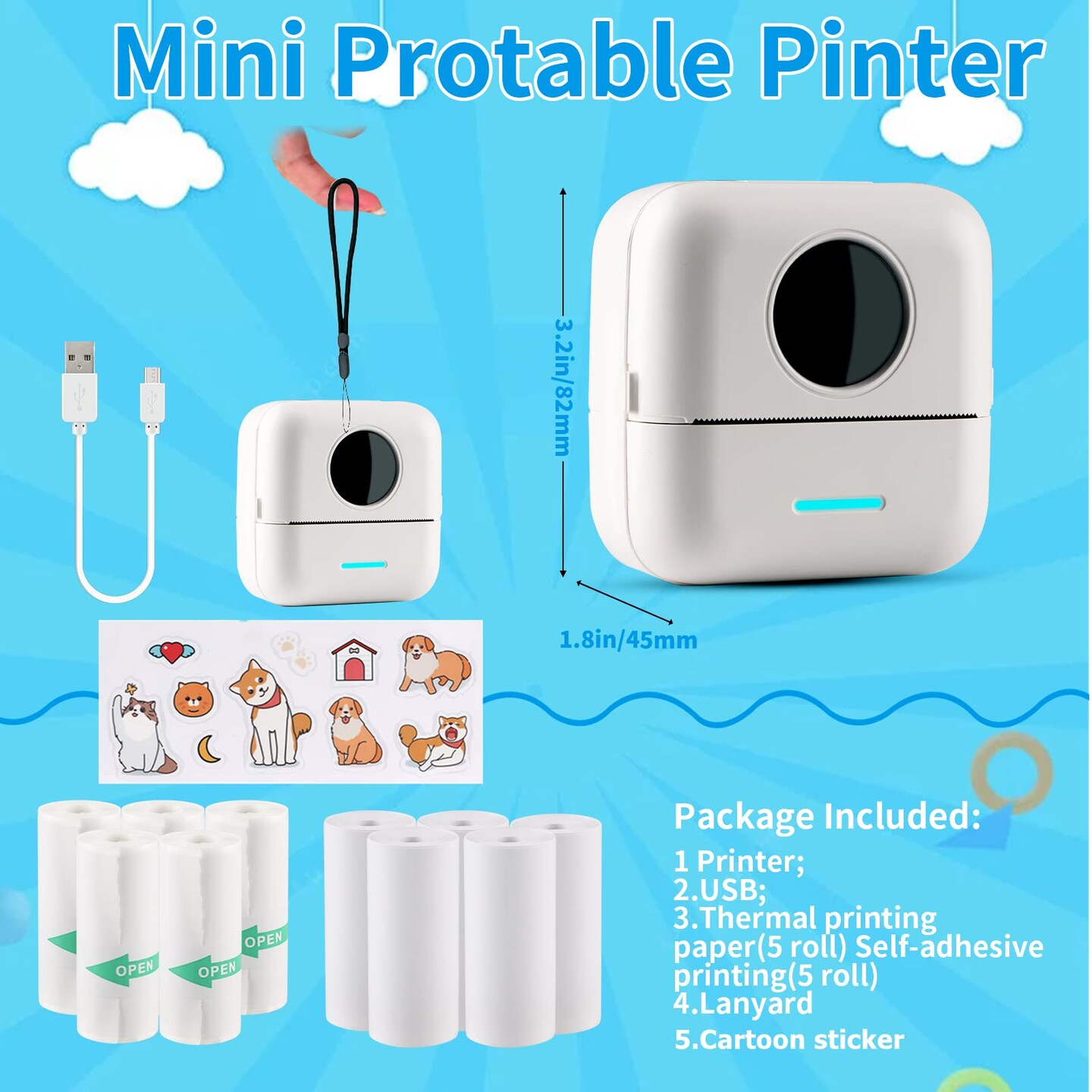 Mini Sticker Printer Bluetooth Smart Pocket Inkless Thermal Printer with 11 Rolls Thermal Paper and Sticker for iOS&#x26;Android, Portable Receipt Printer for Photo Journal Notes Memo