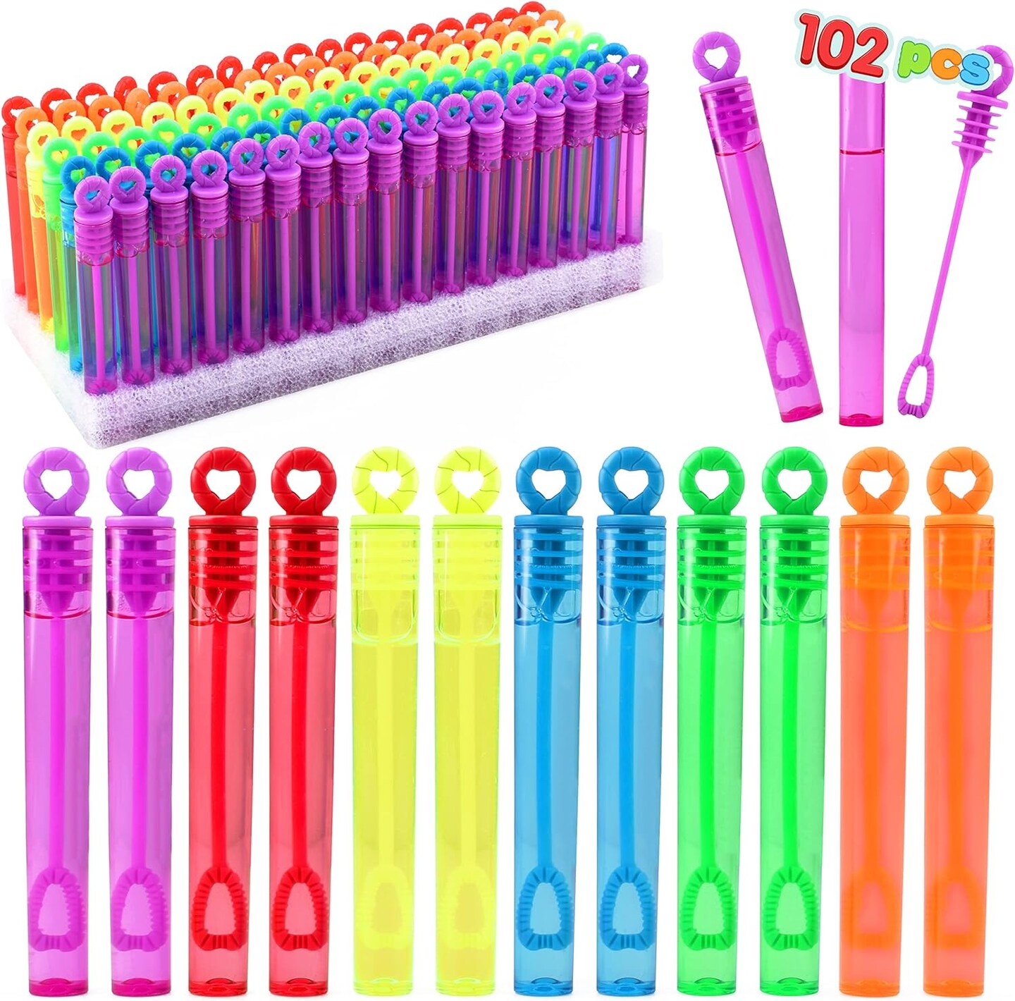 JOYIN 102 Pieces, 6 Colours Mini Bubble Wands Bulk Party Favours Assortment Toys for Children, Carnival Prizes, Wedding, Outdoor Gifts for Girls and Boys Easter Basket Stuffers Goodie Gift Bag Stuffers