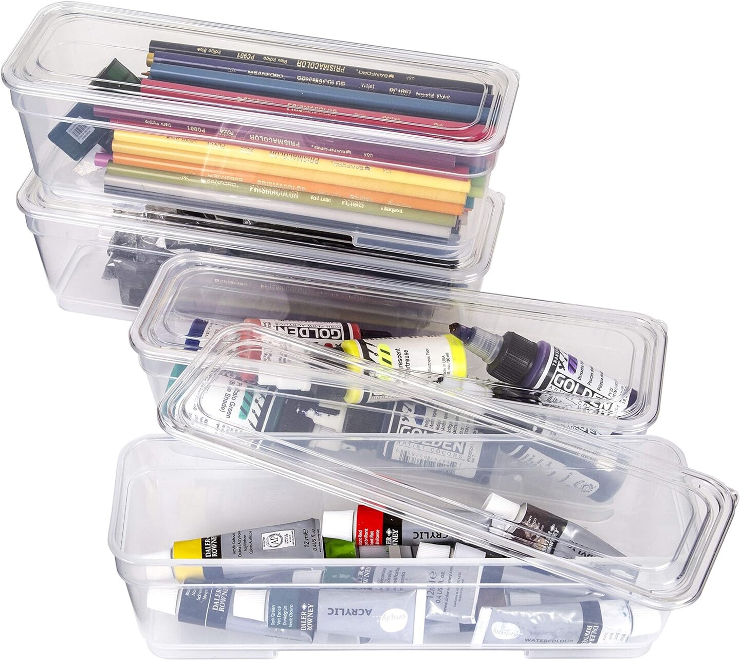 ins with Lids 4-Pack, [4] Extra Long Art &#x26; Craft Organizer Boxes, Clear
