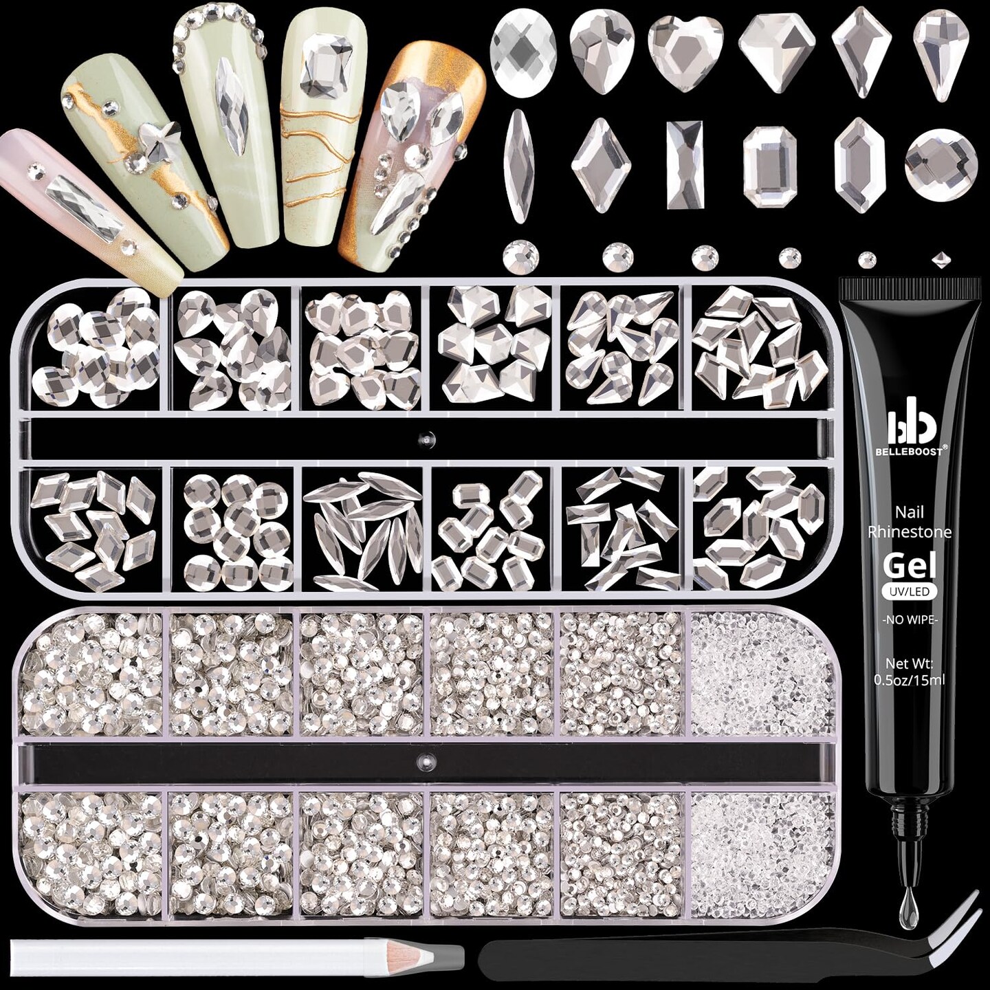 2630 Pieces Clear Glass Nail Rhinestones 120 Pieces Multi Shapes Flatback Gems Crystal + 2510Pcs 1.5-4mm Round Beads with Rhinestones Glue Gel, Manicure Diomand Jewelry Gemstones for Nail Design Makeup