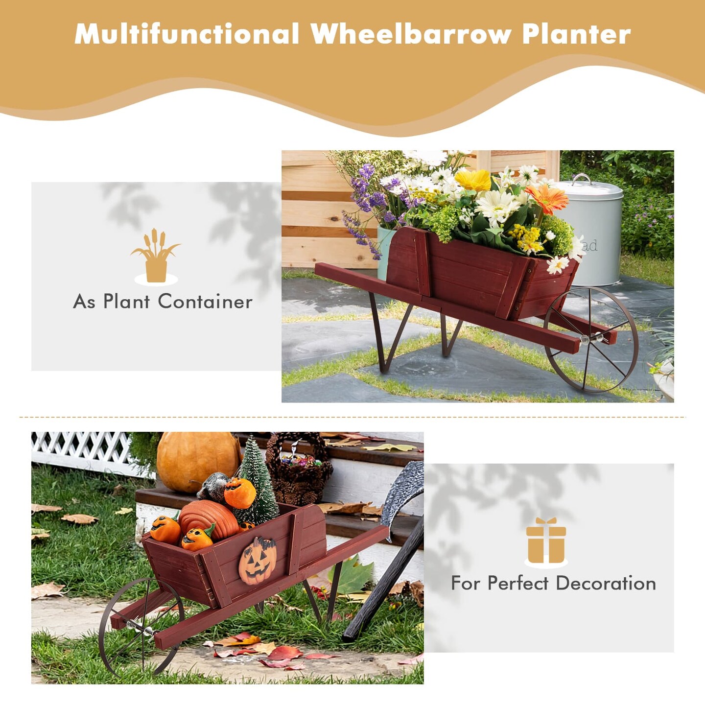 Wooden Wagon Planter With 9 Magnetic Accessories For Garden Yard