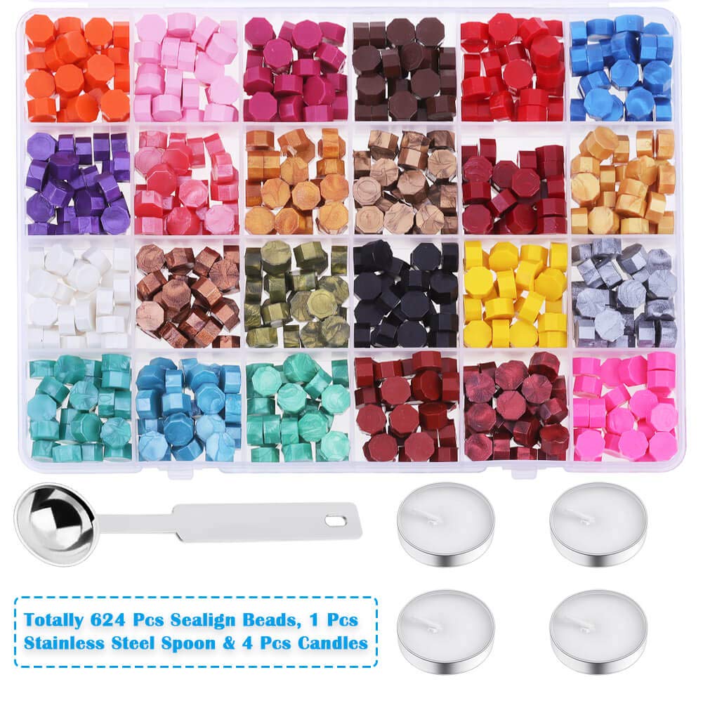 624Pcs Sealing Wax Beads, Sealing Wax for Wax Seal Stamp, Hexagon Wax Seal Beads with A Wax Spoon and 4Pcs Tea Candles (24 Colors)