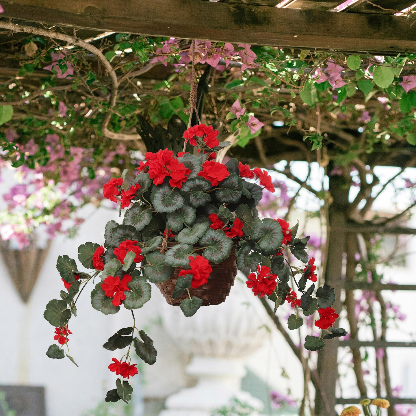 25&#x22; Hanging Red Geranium in Basket, Artificial Flower, Indoor &#x26; Outdoor Use, Front Door Wreath, Home &#x26; Office Decor, Floral Home by Artificial Flowers