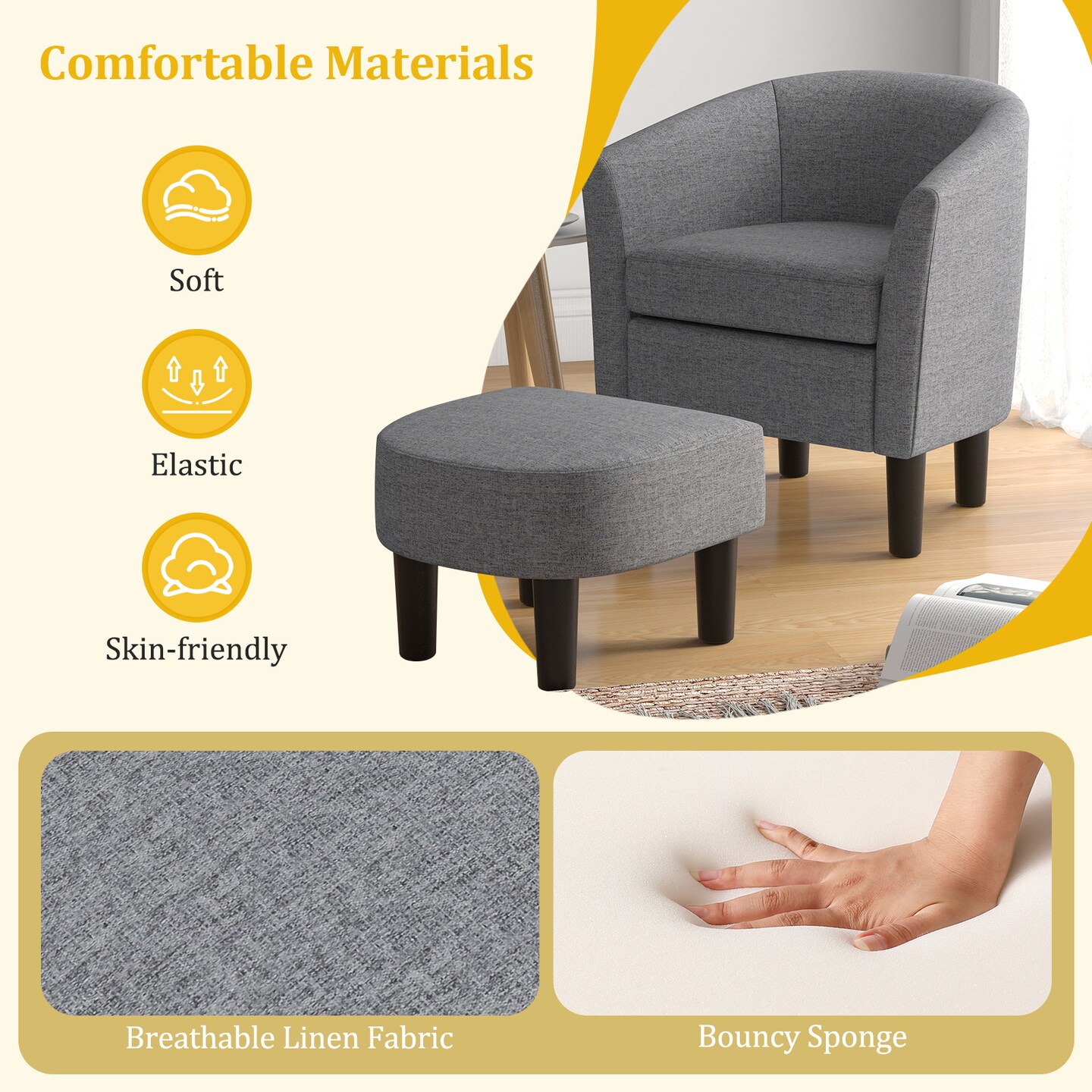 Barrel Club Chair With Ottoman Set Linen Fabric Accent Chair With Footrest-gray