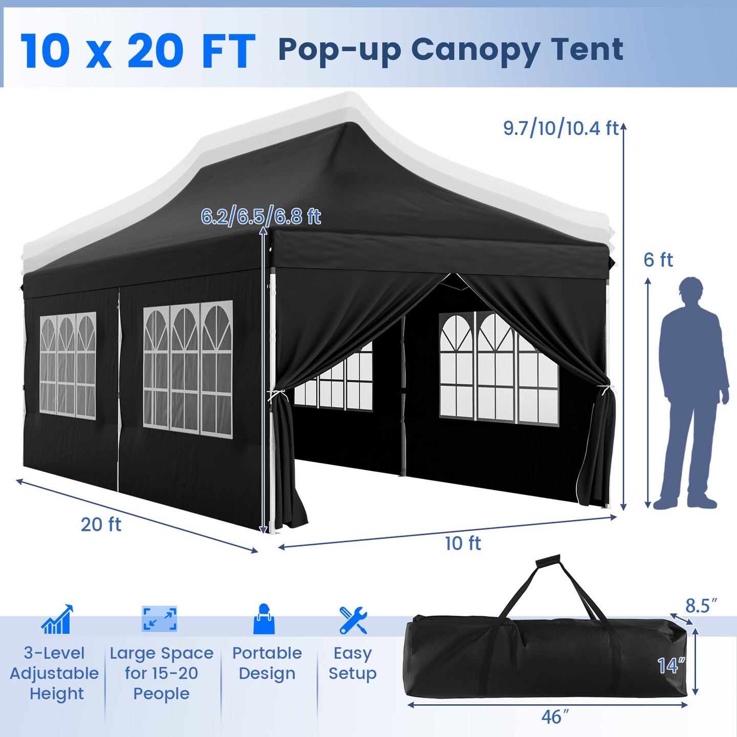 10 X 20 Ft Pop Up Canopy With 6 Sidewalls And Windows And Carrying Bag For Party Wedding Picnic