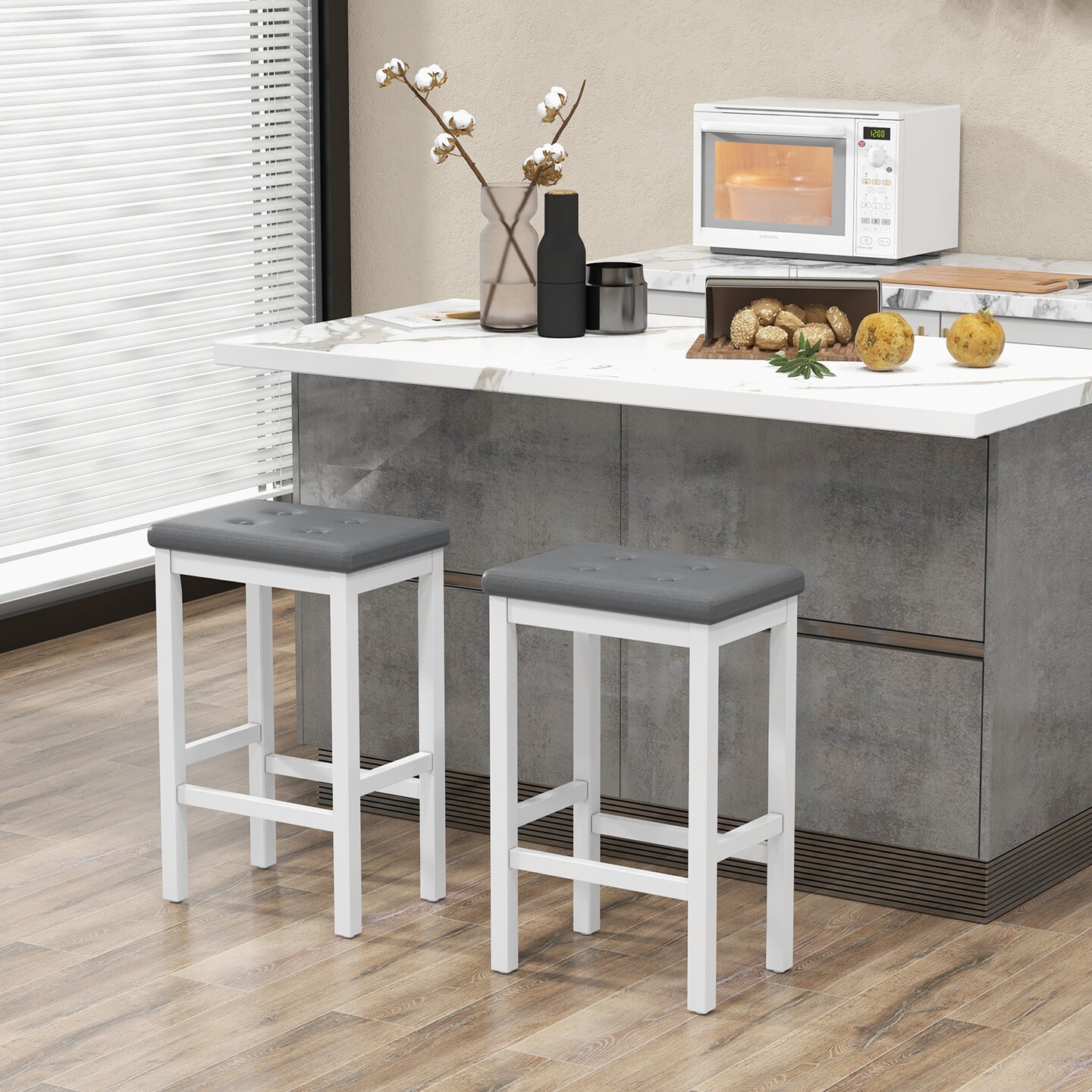 24&#x22; Bar Stools With Padded Seat Footrest And Rubber Wood Frame