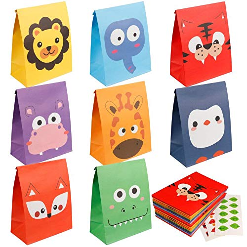 24 Pieces Animal Party Favor Gift Bags, Kids Goodie Bags for Birthday Party, Paper Candy Treat Bags Small Gift Wrap Bags for Jungle Safari Theme Party Baby Shower Supplies