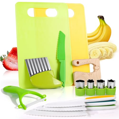 13 PCS Montessori Kitchen Tools Cookware Baking Toy for Toddlers Kids, Toddler Safe Knife Set for Real Cooking, Cutting Boards, Crinkle Cutter, Serrated Edges and Wooden Safe Knives