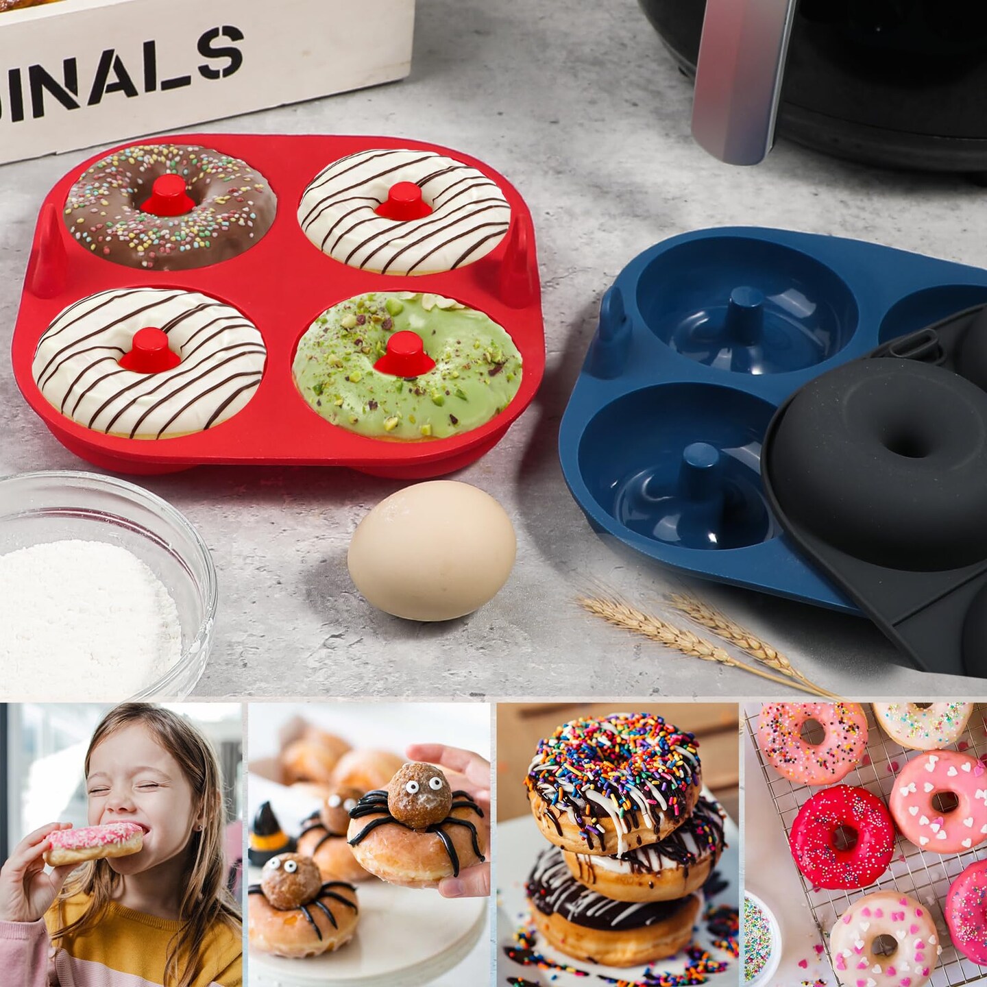 3 Pieces Silicone Air Fryer Donut Pan for Baking, 4-Cavity Donut Pans Nonstick Donut Mold, BPA-Free, Dishwasher Safe