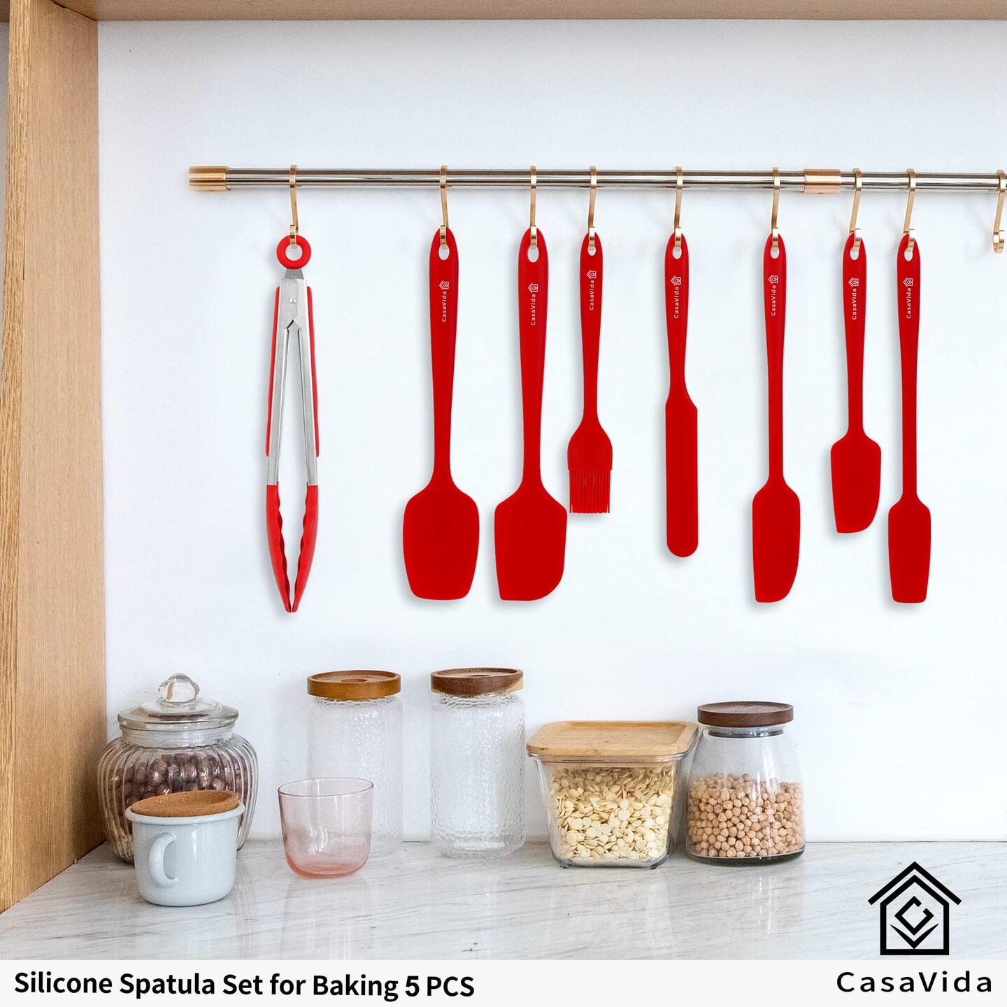 5 Pieces  Silicone Spatula Set Red High Heat Resistant Non Stick Bakery Flexible BPA Free Dishwasher Safe Kitchen Utensils Bakeware Cookware Baking Mixing One-piece Seamless Spatula Set