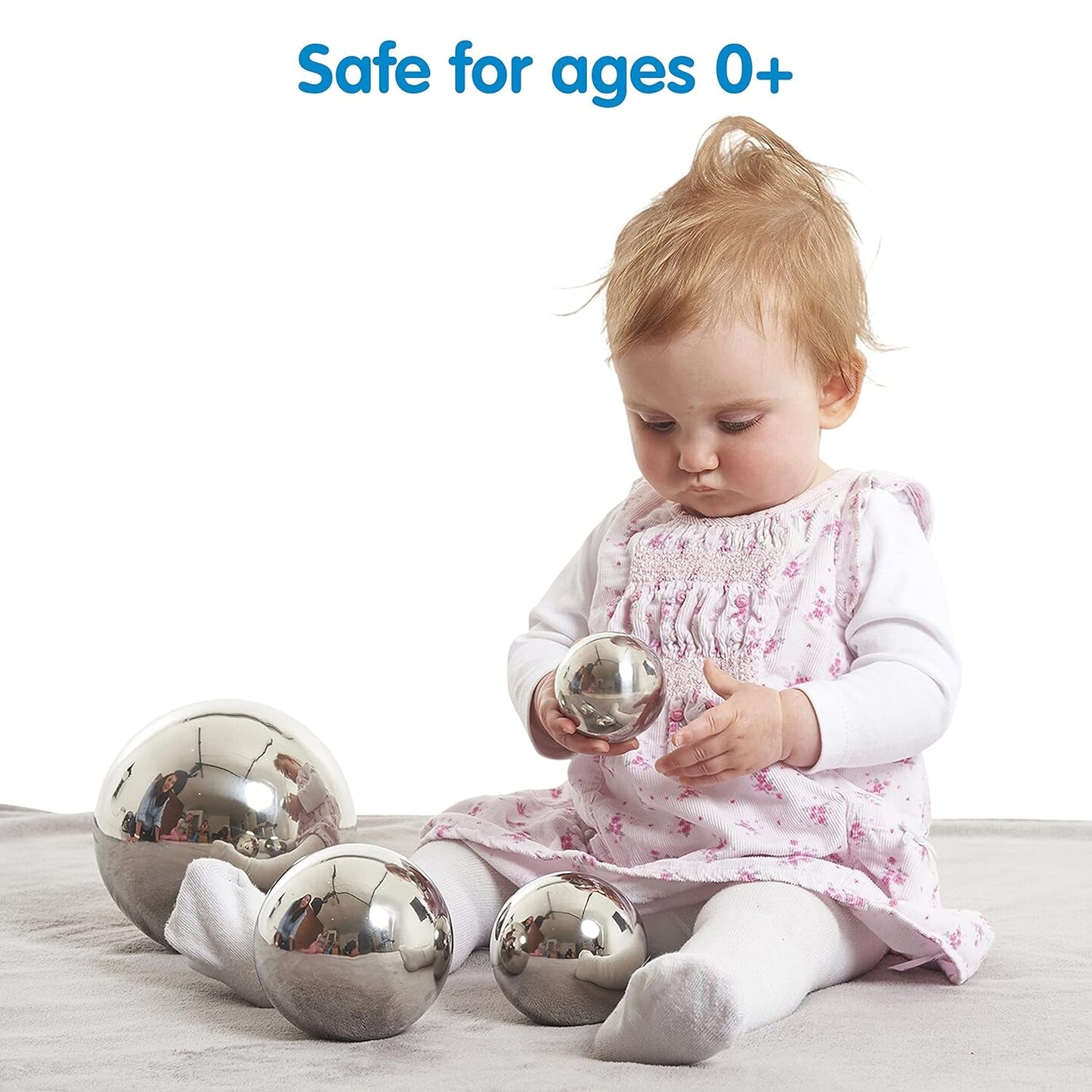 Tickit - 9322 Sensory Reflective Balls - Set of 4 - Mirrored Spheres for Babies and Toddlers - Stainless Steel Sensory Balls for Reflections and Color - for Stylish Nurseries and Bedrooms