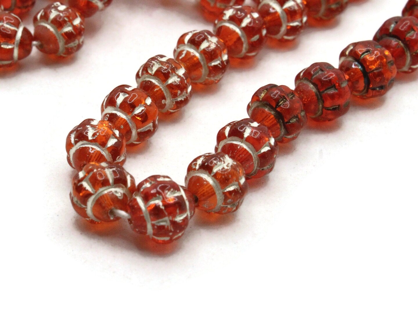 50 8mm Clear Orange Vintage Glass Beads with Silver Design Round Saucer Beads