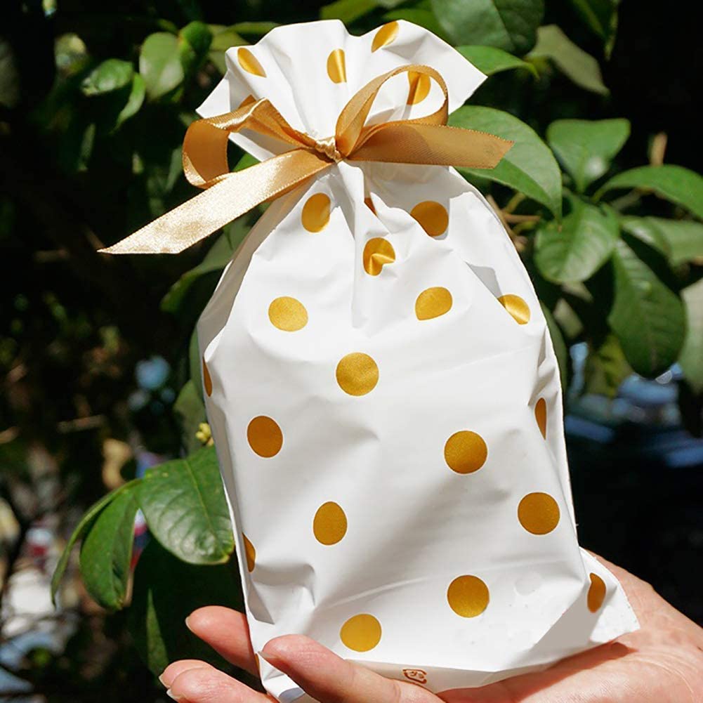 24 Pieces Treat Bags Party Favor Bags Gold Plastic Drawstring Candy Goodies Food Storage Bags Gift Wrapping Package