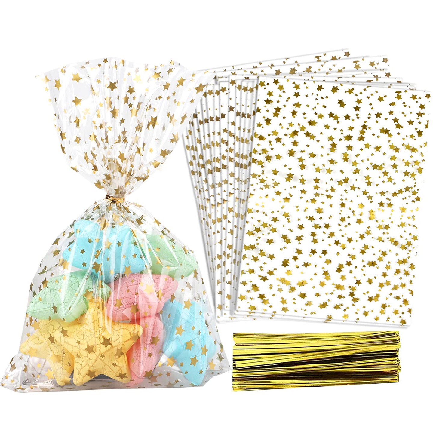 100 Pieces Star Printed 5&#x22;X 7&#x22; Gift Wrap Cello Cellophane Treat Bags Party Favor bags Clear Candy Cookie Bags Plastic Poly Goodie Storage Bags with Twist Ties for Bakery,Birthday, Wedding,Party
