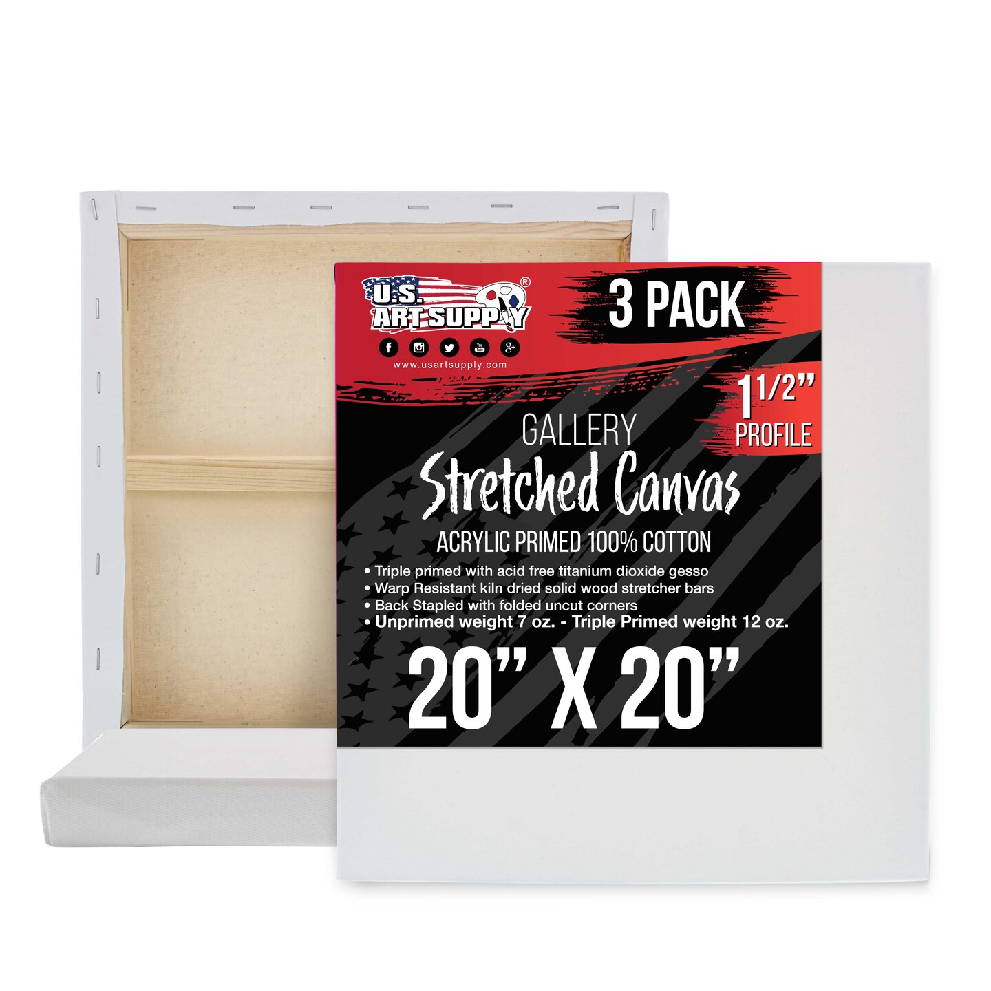 20 x 20 inch Gallery Depth 1-1/2&#x22; Profile Stretched Canvas, 3-Pack - 12-Ounce Acrylic Gesso Triple Primed, - Professional Artist Quality, 100% Cotton