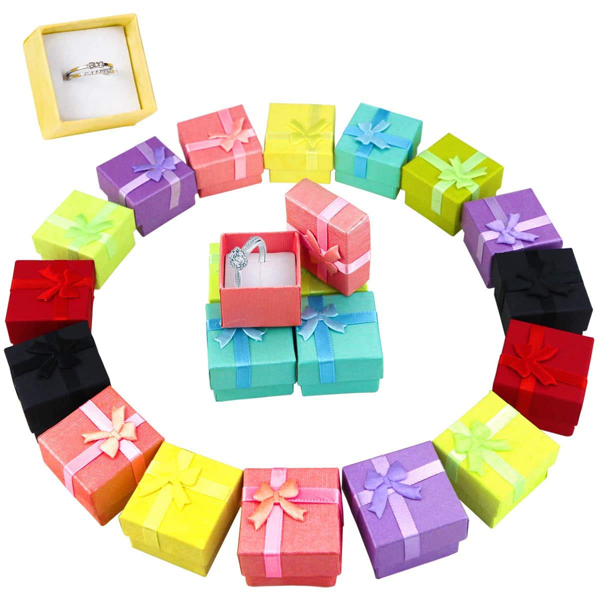 32 Pieces Assorted Jewelry Gifts Boxes, Jewelry Boxes Cardboard Ring Boxes Jewelry Storage Cube Satin Ribbons Bowknot For Anniversaries Weddings Birthdays (8 Colors, 1.57&#x22; x 1.57&#x22; x 1.06&#x22;)