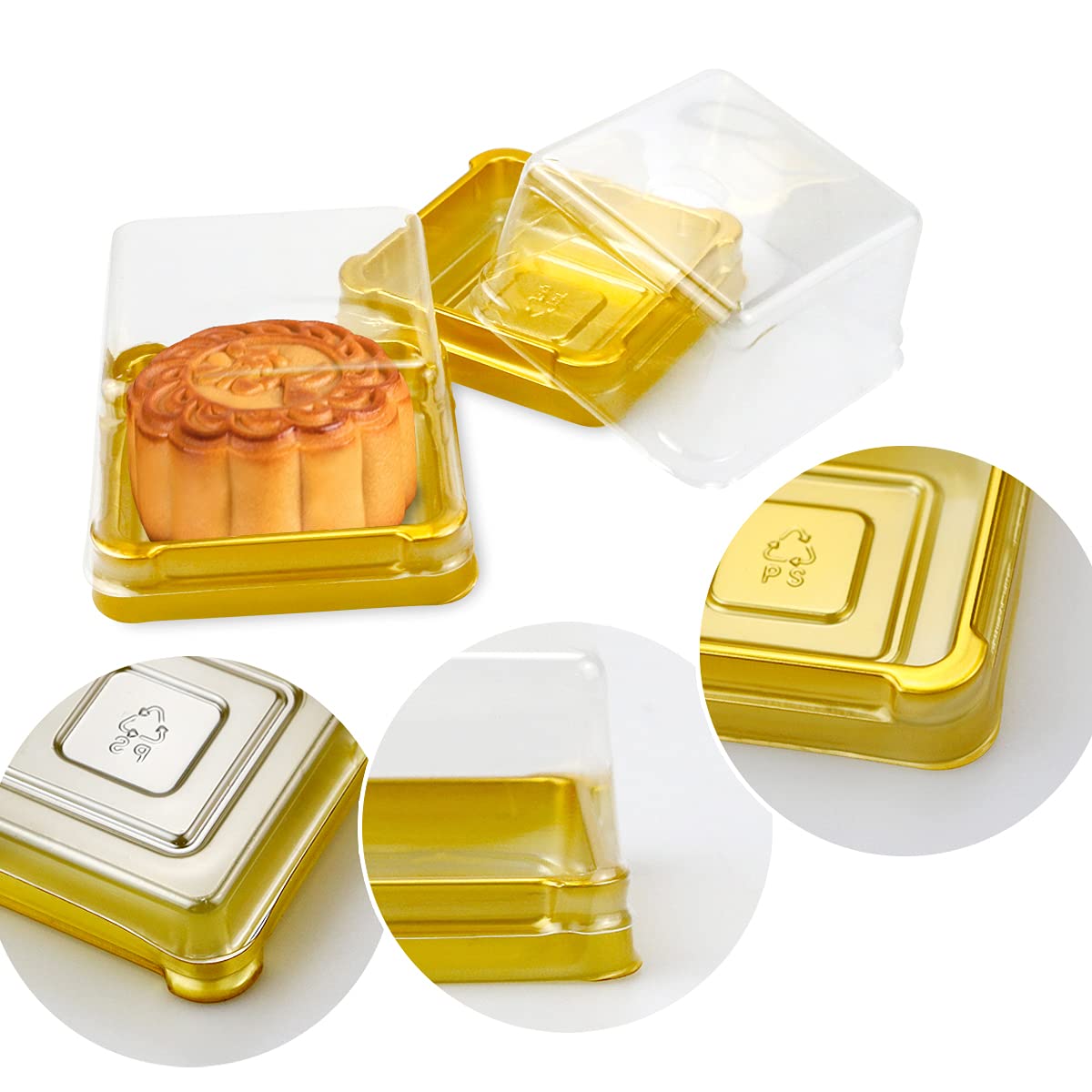 100 Pieces 2.24"L x 2.24"W x 1.57"H Clear Plastic Mini Cupcake Boxes Muffin Pod Dome Muffin Single Container Box Wedding Birthday Gifts Supplies for Cheese Pastry Dessert Mooncake (square, gold)