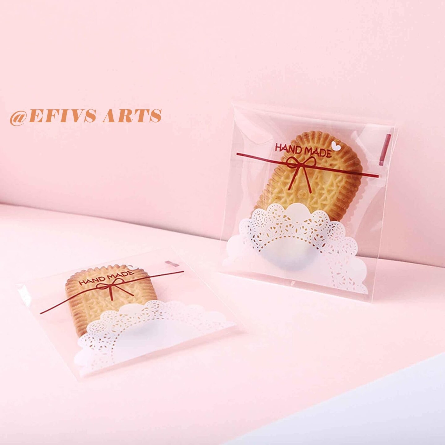 200 Pieces 5.5x5.5in Lovely Lace Bowknot Clear Biscuit Roasting Treat Present DIY Plastic Candy Individual Wrappers Self Adhesive OPP Cookie Bakery Decorating Favor Bags