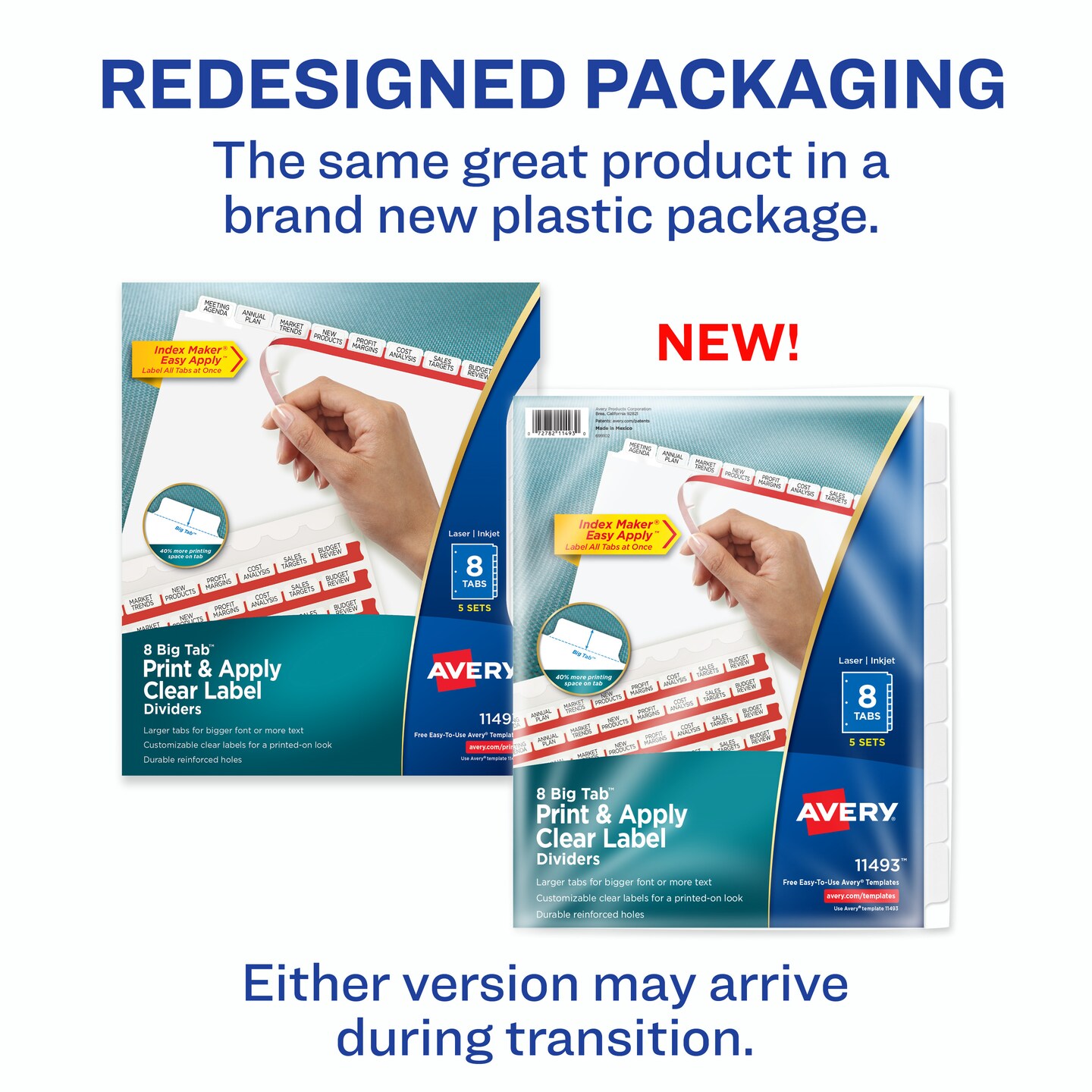 Avery 8 Big Tab Dividers for 3 Ring Binder, Easy Print &#x26; Apply Clear Label Strip, Index Maker Customizable White Tabs, 5 Sets (11493)