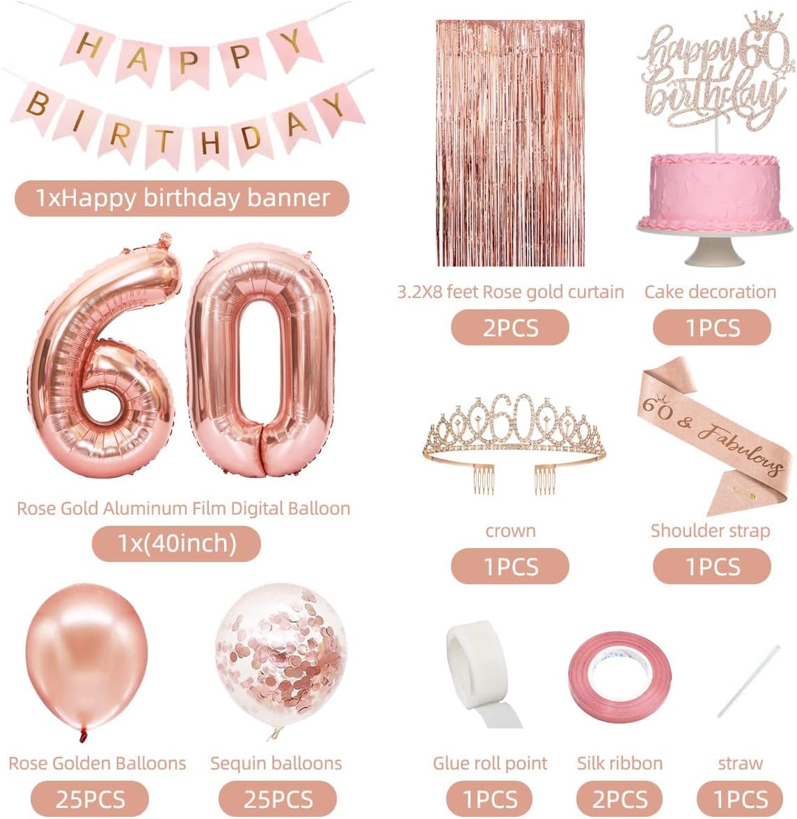 60th Birthday Decorations Women, Rose Gold 60 Birthday Party Decorations for Women, Happy 60th Birthday Banner, Crown, Sash, Cake Topper and Number Balloon, 60th Birthday Gifts for Women Decorations