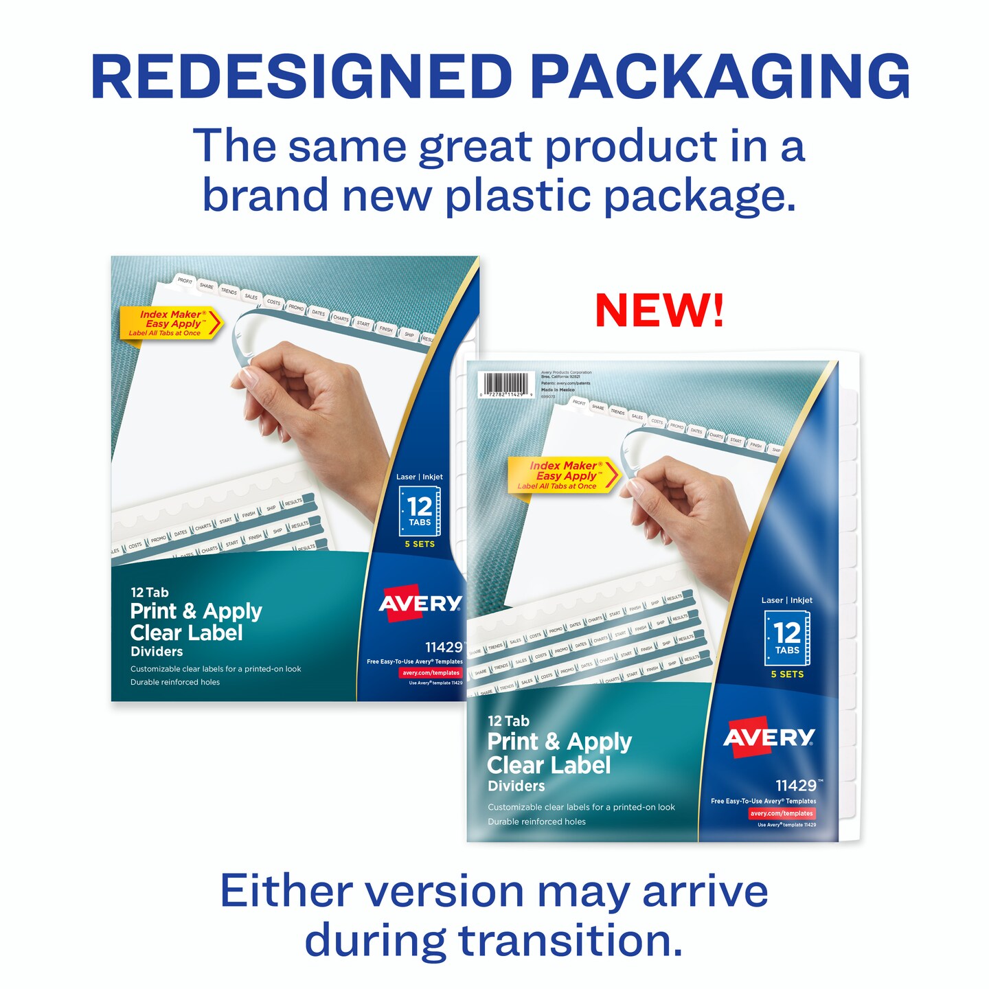 Avery 12 Tab Dividers for 3 Ring Binder, Easy Print & Apply Clear Label Strip, Index Maker Customizable White Tabs, 5 Sets (11429)