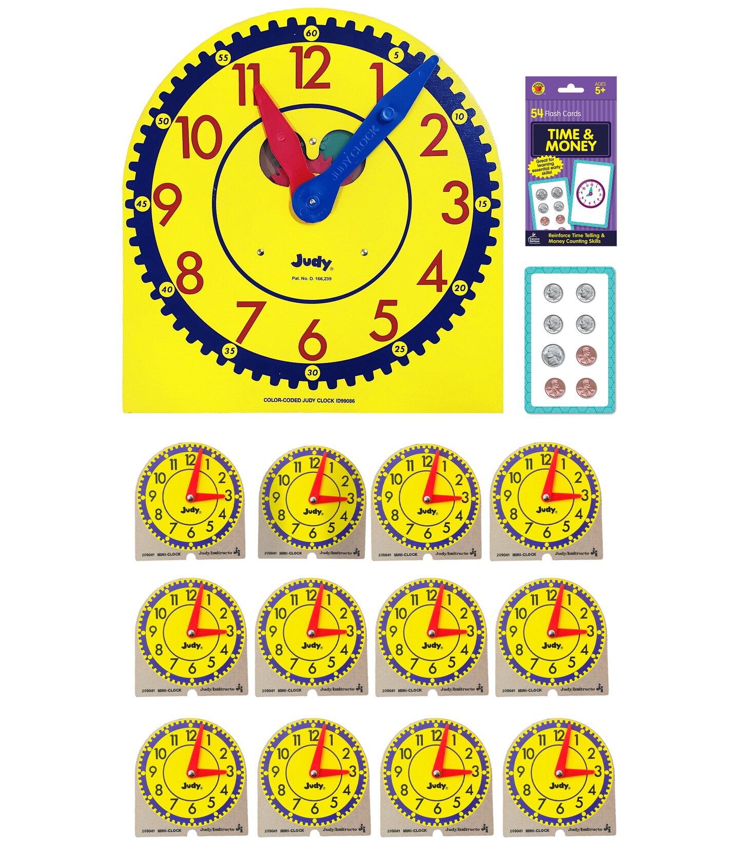 Carson Dellosa Telling Time Teaching Clocks for Kids Educational Bundle, Judy Clock Telling Time Clock, Mini Judy Clocks, and Time and Money Flash Cards, Telling Time and Counting Money Manipulatives