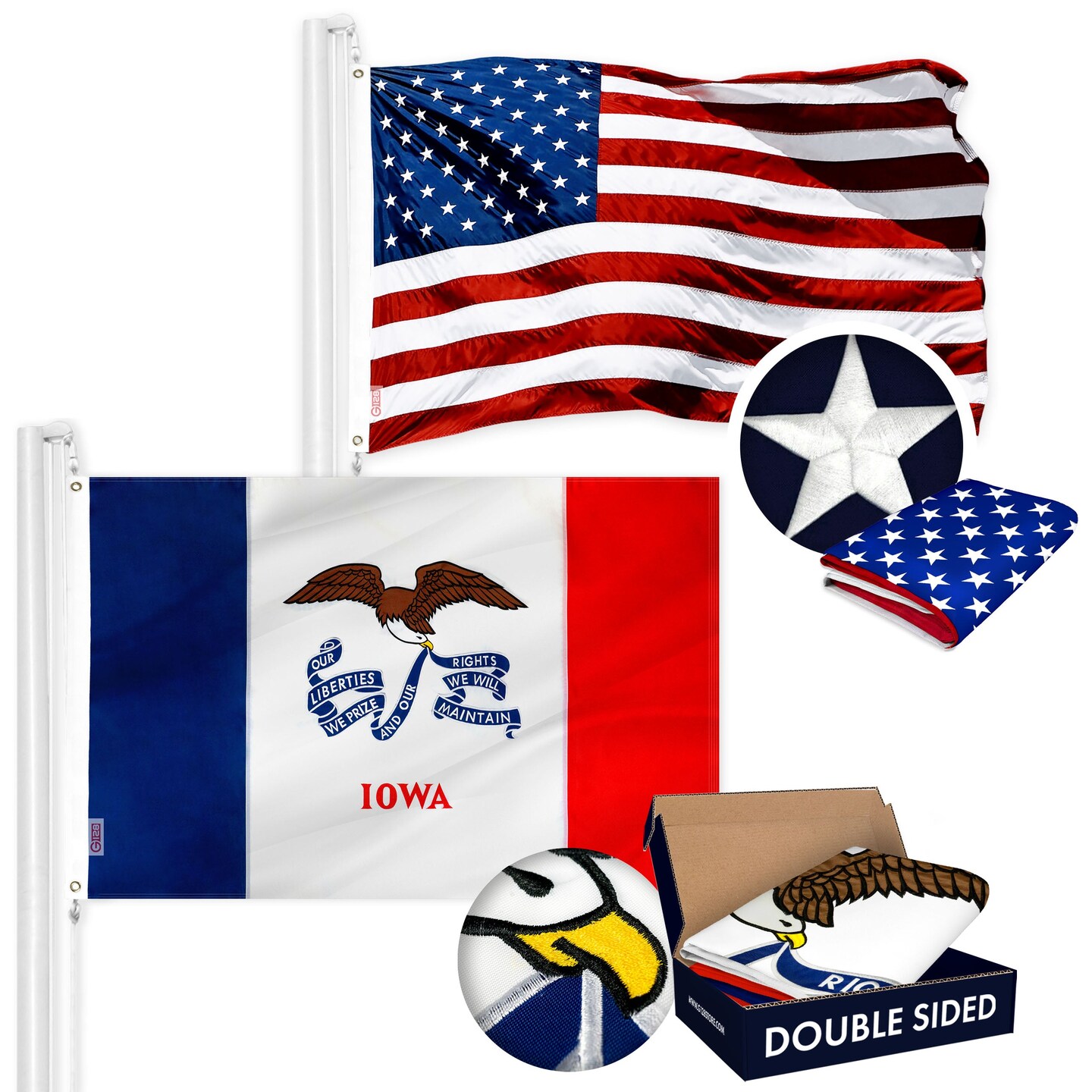 G128 Combo Pack: USA American Flag 3x5 Ft Embroidered Stars &#x26; Iowa State Flag 3x5 Ft Embroidered Double Sided 3ply