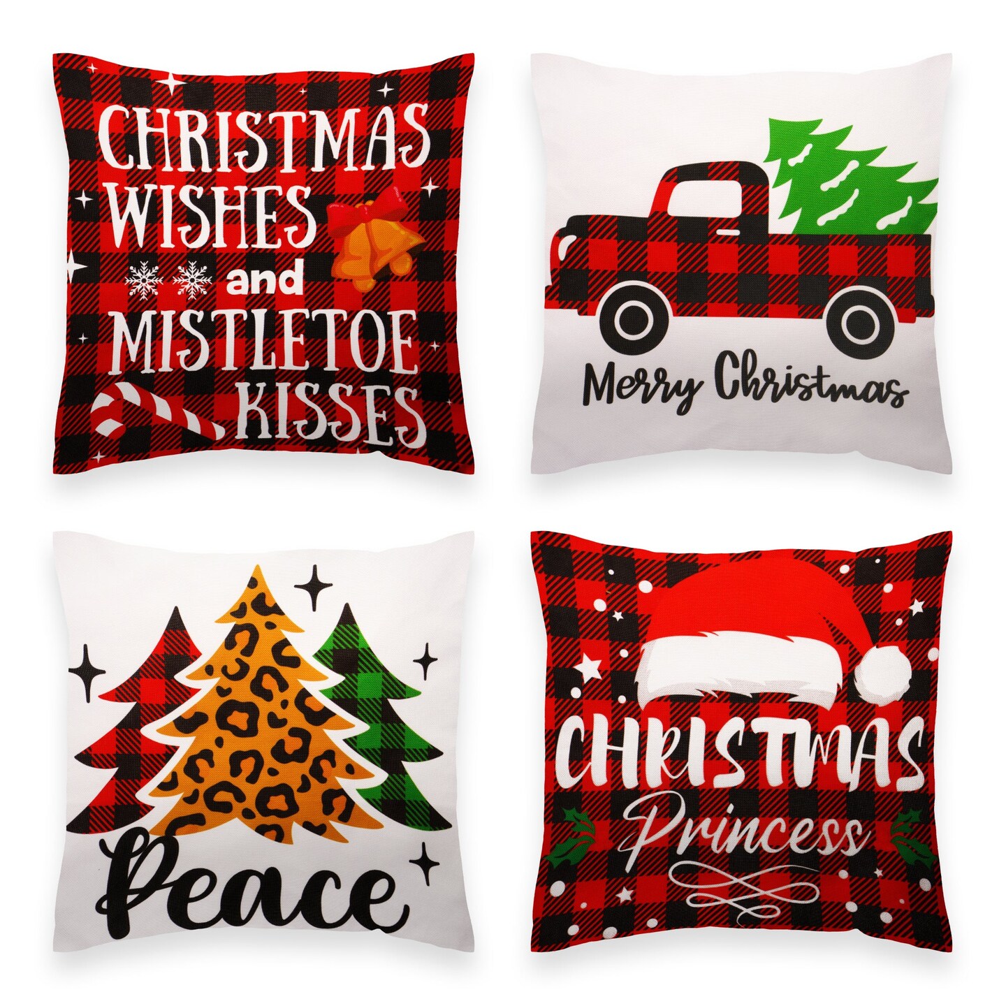 G128 Christmas Decoration Farmhouse Pine Spruce Waterproof Throw Pillow | 18 x 18 in | Set of 4, Beautiful Cushion Covers for Christmas Sofa Couch Decoration, Pillow Insert Included