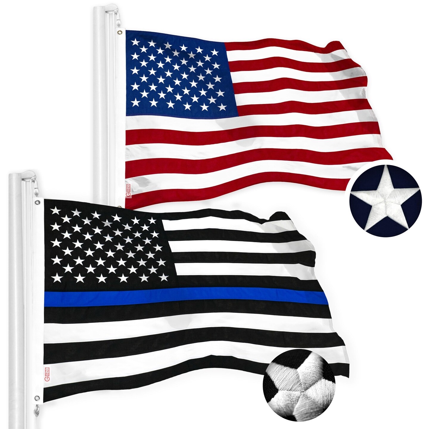 G128 Combo Pack: USA American Flag &#x26; Thin Blue Line Flag 2.5x4 Ft Embroidered Spun Polyester, Indoor/Outdoor, Brass Grommets, Police Flag