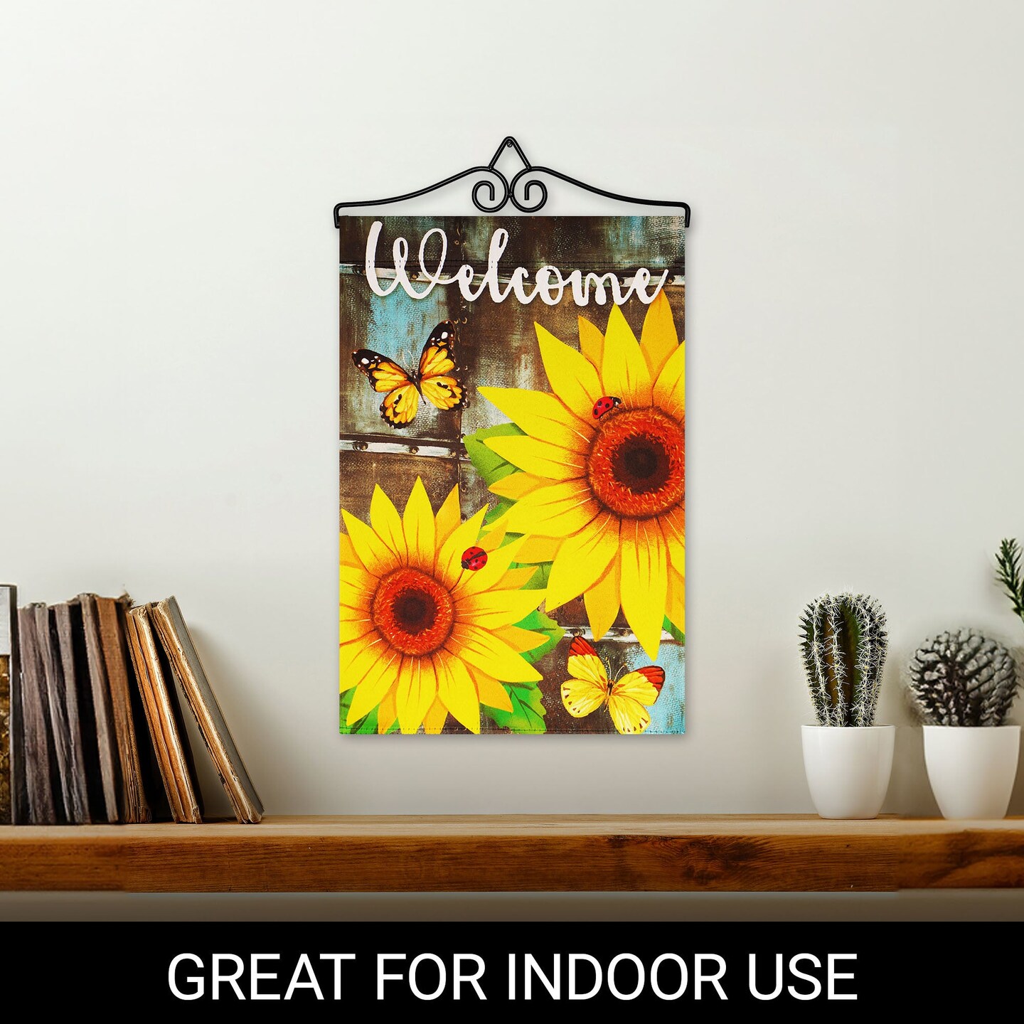 G128 Combo Pack Garden Flag Hanger 14IN & Garden Flag Welcome Sunflowers and Butterflies 12x18IN Printed Double Sided Blockout Fabric