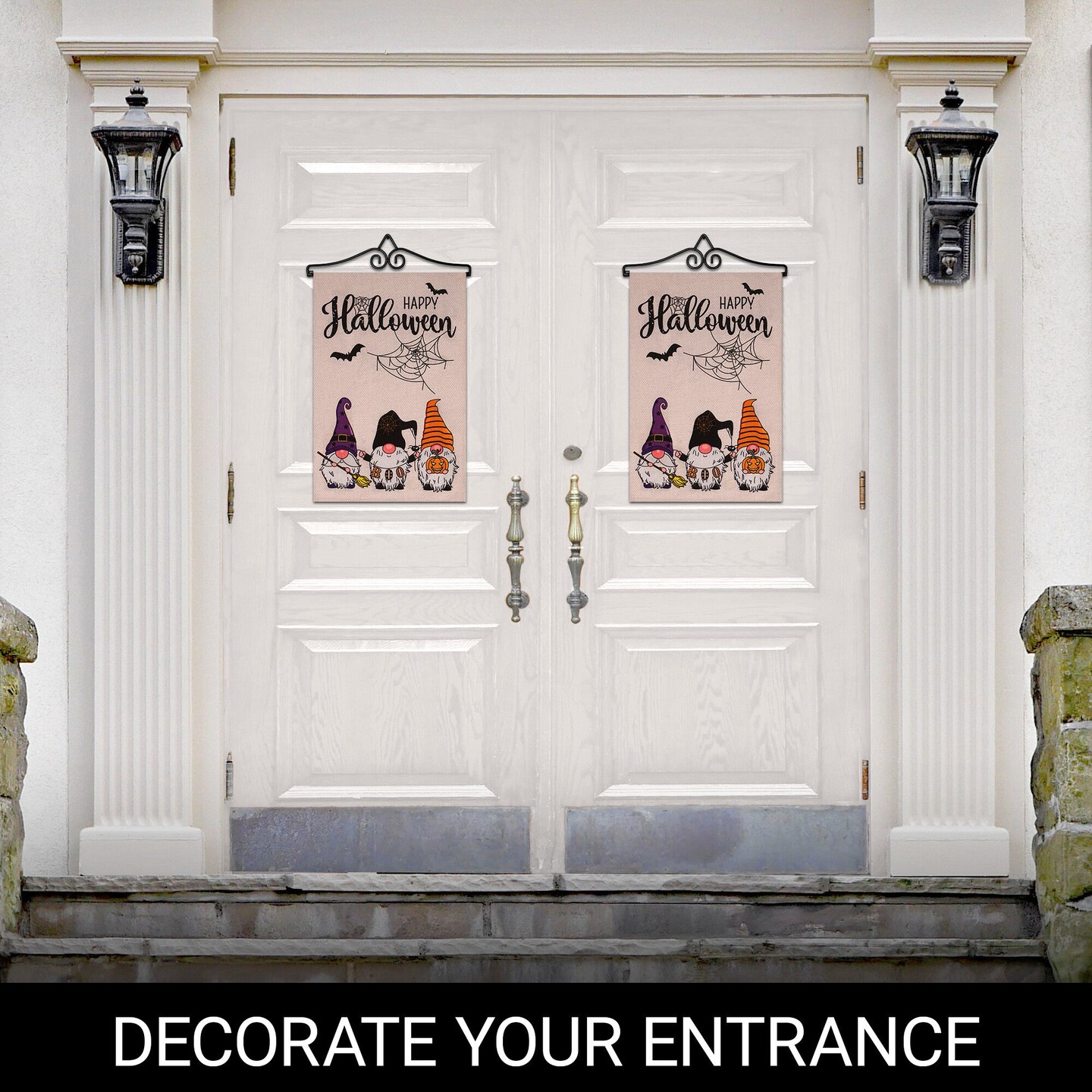 G128 Combo Pack Garden Flag Hanger 14IN & Garden Flag Happy Halloween 3 Gnomes Spider Web 12x18IN Printed Double Sided Burlap Fabric