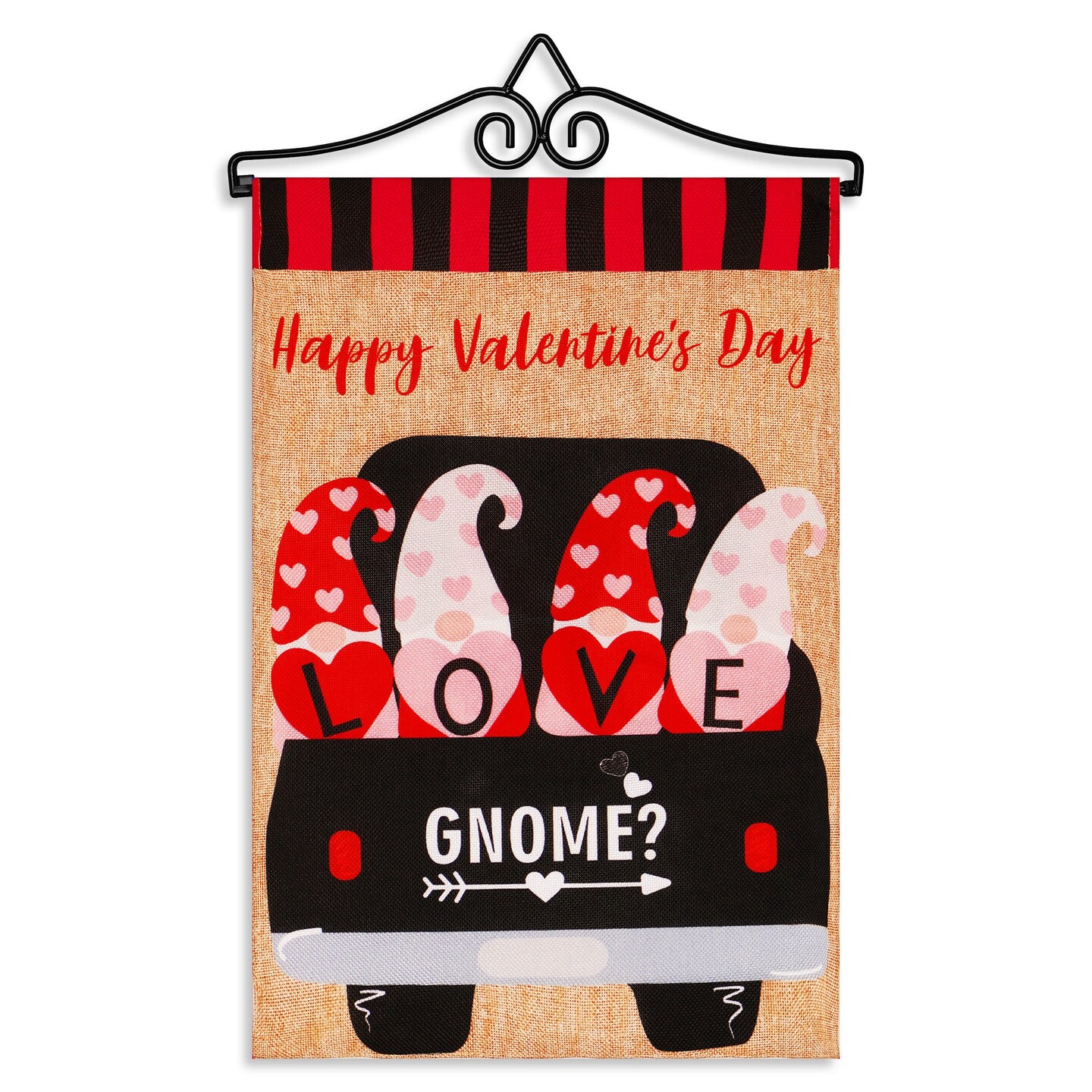G128 Combo Pack Garden Flag Hanger 14IN &#x26; Garden Flag Happy Valentine&#x27;s Day Love 4 Gnomes in Truck 12x18IN Printed Double Sided Burlap Fabric