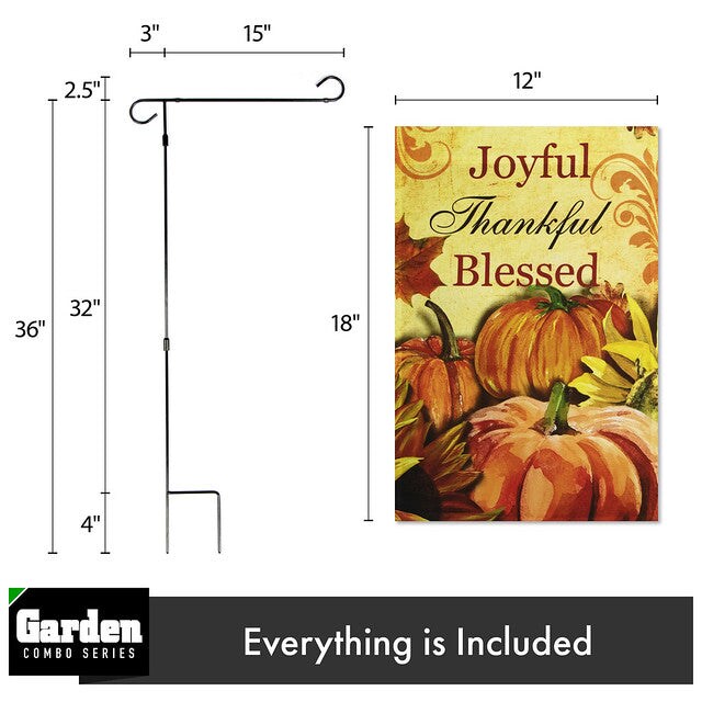 G128 Combo Pack: Garden Flag Stand Black 36x16 Inch &#x26; Garden Flag Joyful Thankful Blessed Three Pumpkins 12x18 Inch