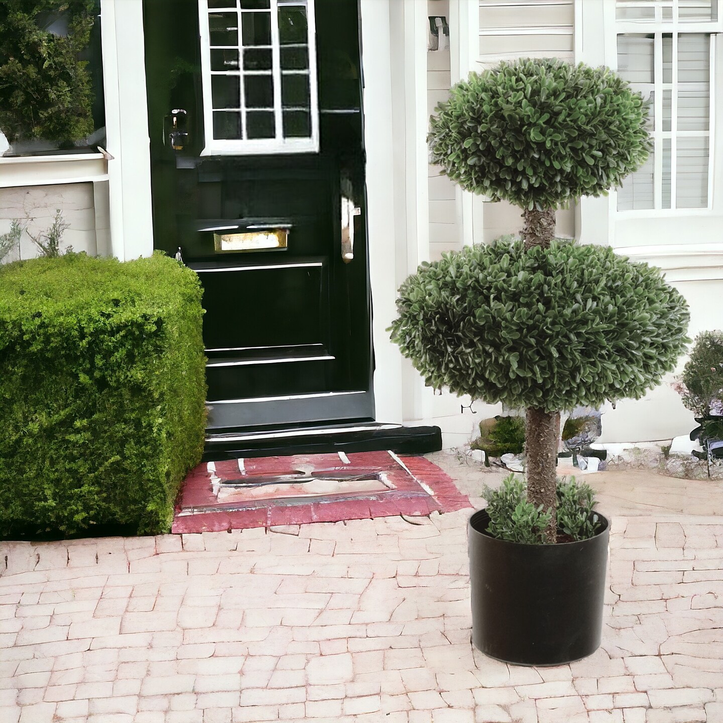 2.5ft Artificial Double Boxwood Topiary Tree - Lifelike Design, Potted in Black Planter, Ideal for Home, Office &#x26; Outdoor Decor - All-Season Use, Floral Home by Artificial Flowers