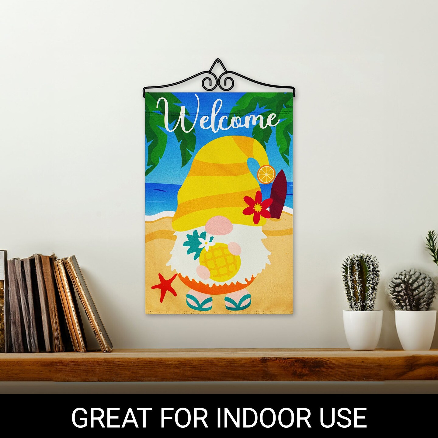 G128 Combo Pack Garden Flag Hanger 14IN & Garden Flag Welcome Gnome at Beach with Pineapple 12x18IN Printed Double Sided Blockout Fabric