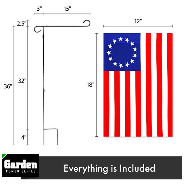G128 Combo Pack: Garden Flag Stand Black 36x16 Inch &#x26; Garden Flag Betsy Ross Flag 12x18 Inch