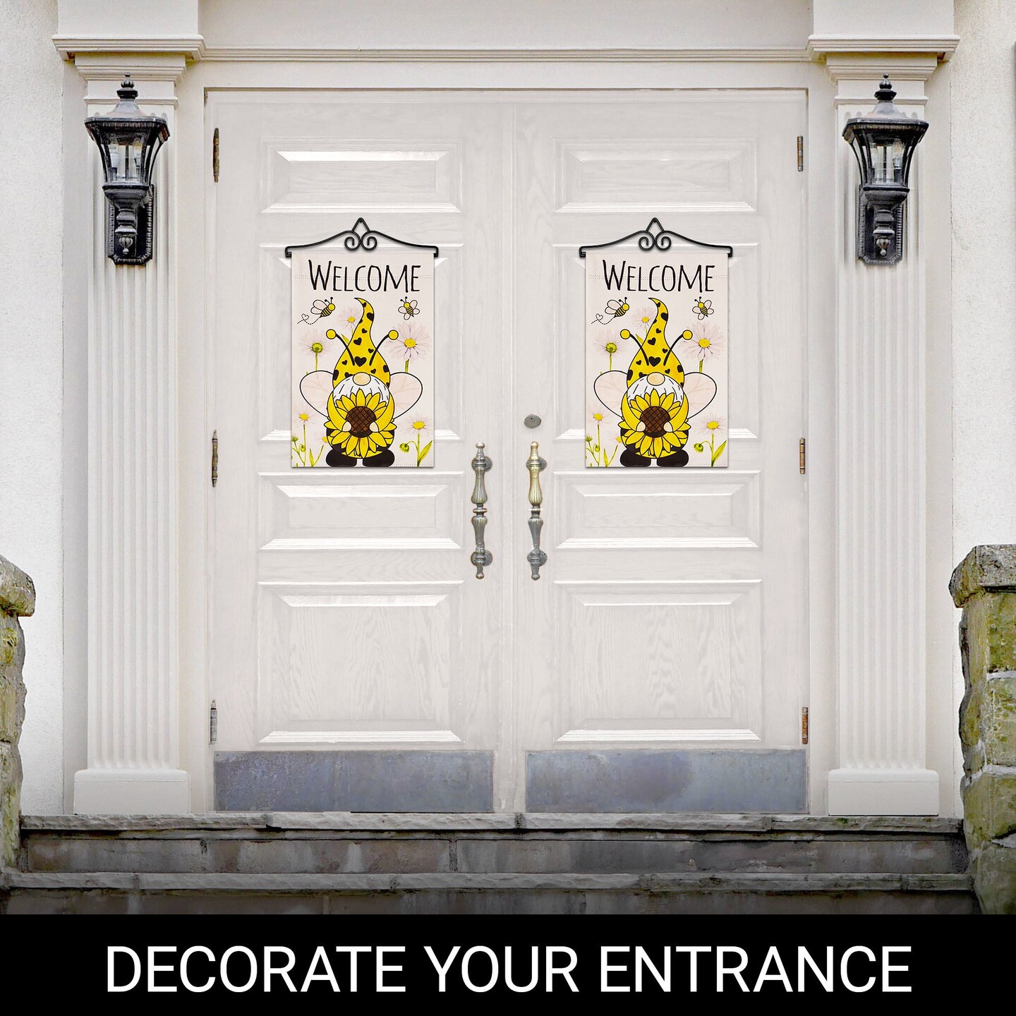 G128 Combo Pack Garden Flag Hanger 14IN & Garden Flag Welcome Bee Gnome with Sunflower 12x18IN Printed Double Sided Blockout Fabric