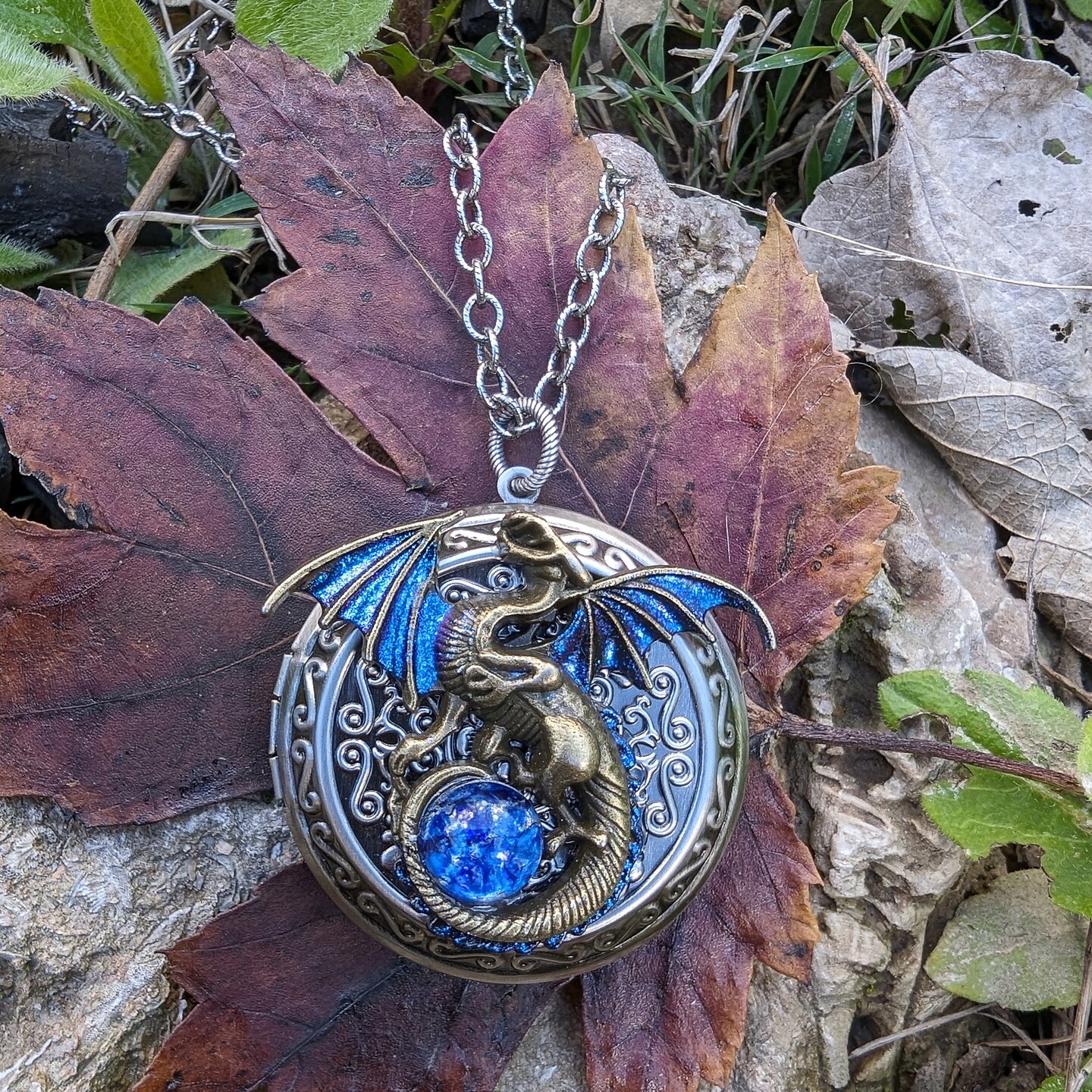 Large Bronze Dragon Locket Necklace with black opal replica Fantasy jewelry Gothic jewelry MakerPlace by Michaels