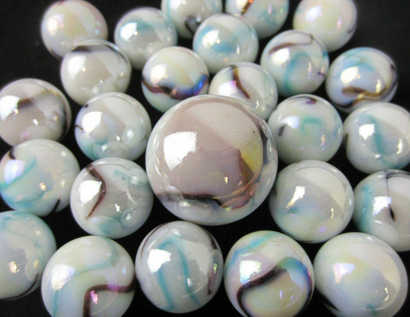25 Glass Marbles WHITE TIGER iridescent White Blue Black Game pack Shooter Swirl