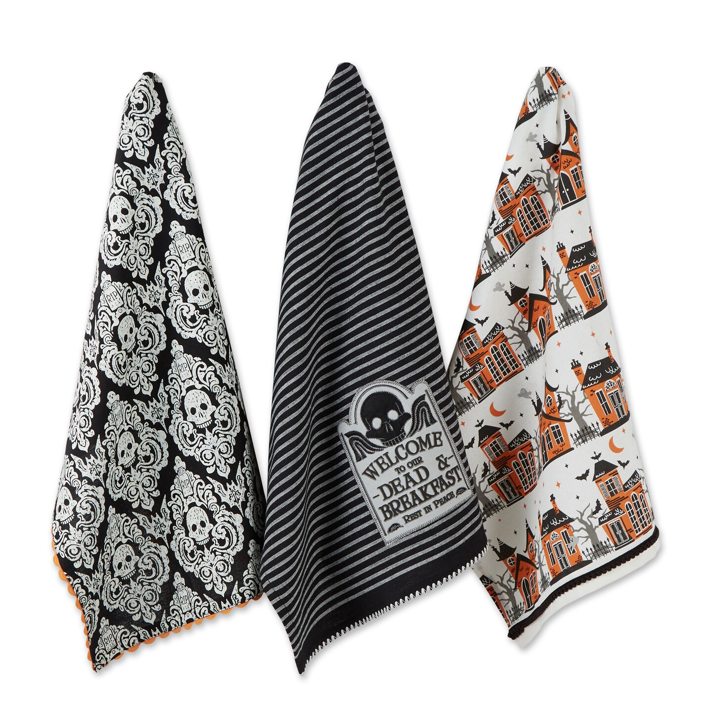 Contemporary Home Living Haunted House Halloween Dishtowels - 28&#x22; - Black and Orange - Set of 3
