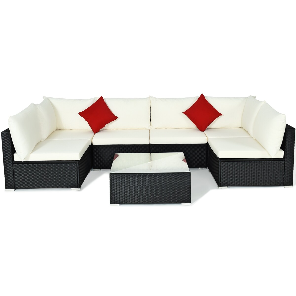 7 Pieces Sectional Wicker Furniture Sofa Set With Tempered Glass Top