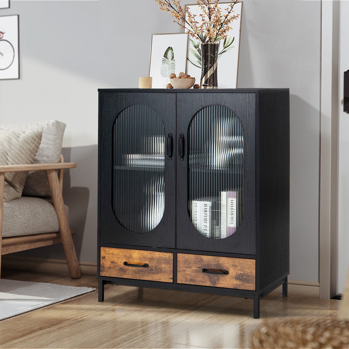 Kitchen Industrial Buffet Sideboard With Tempered Glass Doors