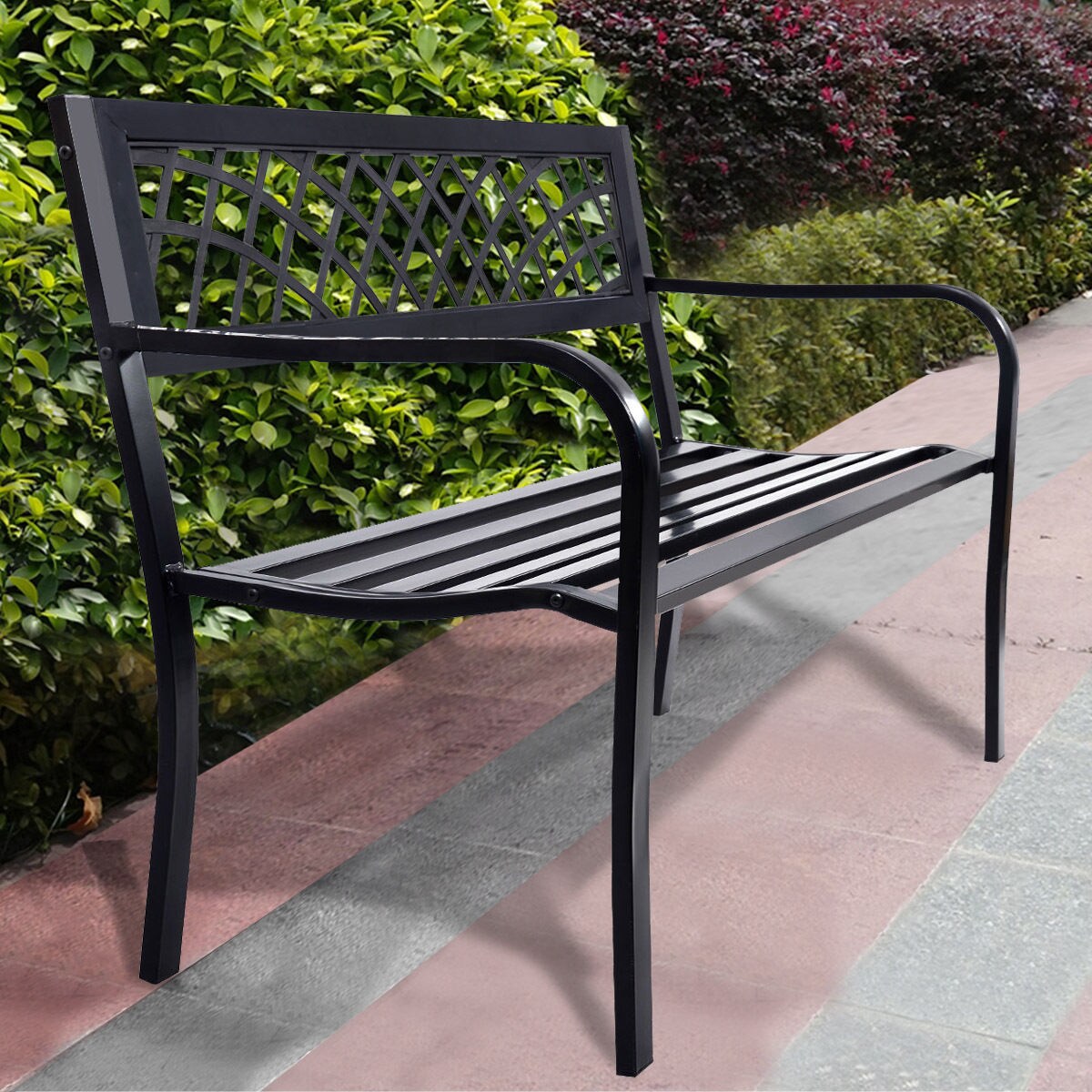 Garden Bench Deck with Steel Frame with Metal Mesh Backrest and Two Armrests