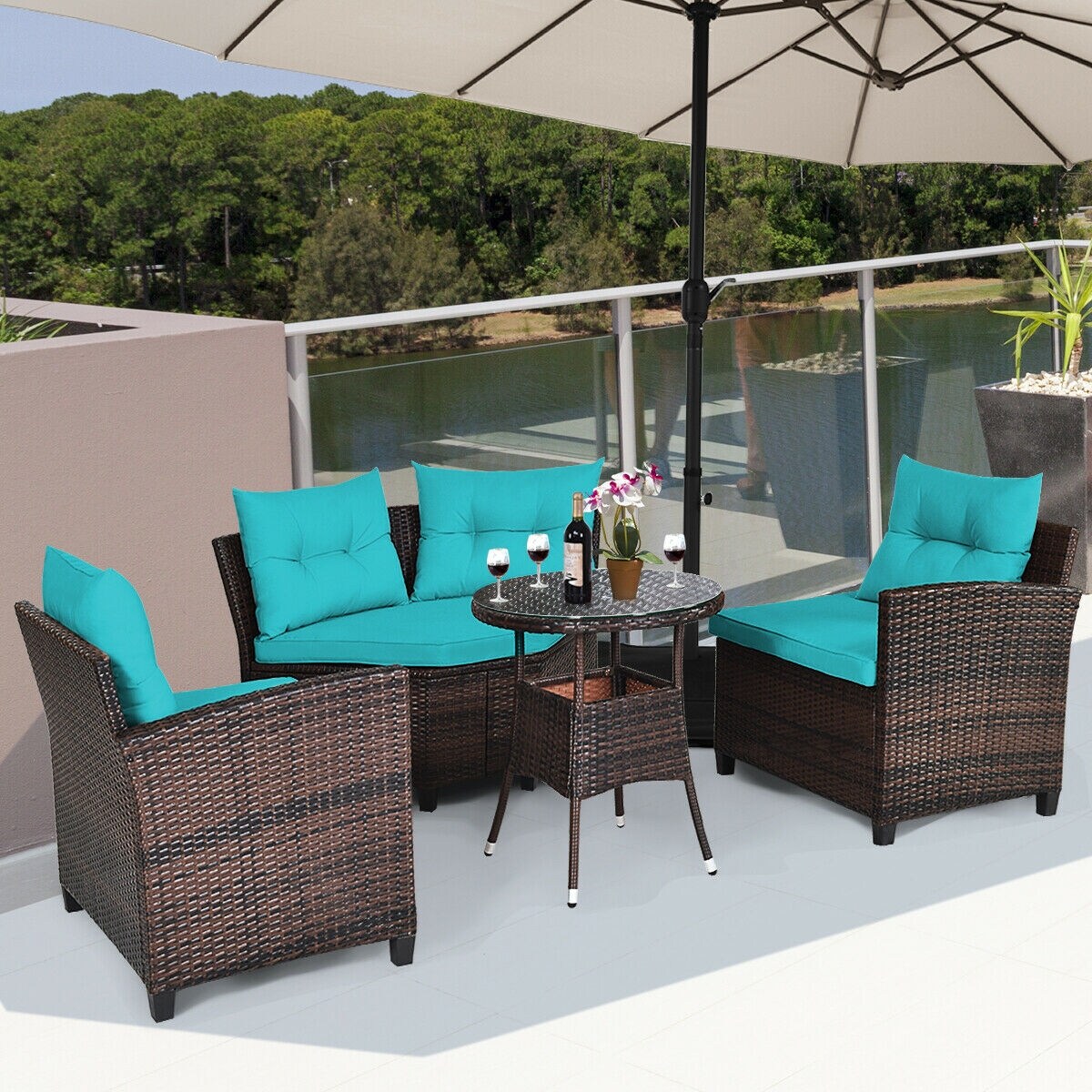 4 Pieces Furniture Patio Set Outdoor Wicker Sofa Set